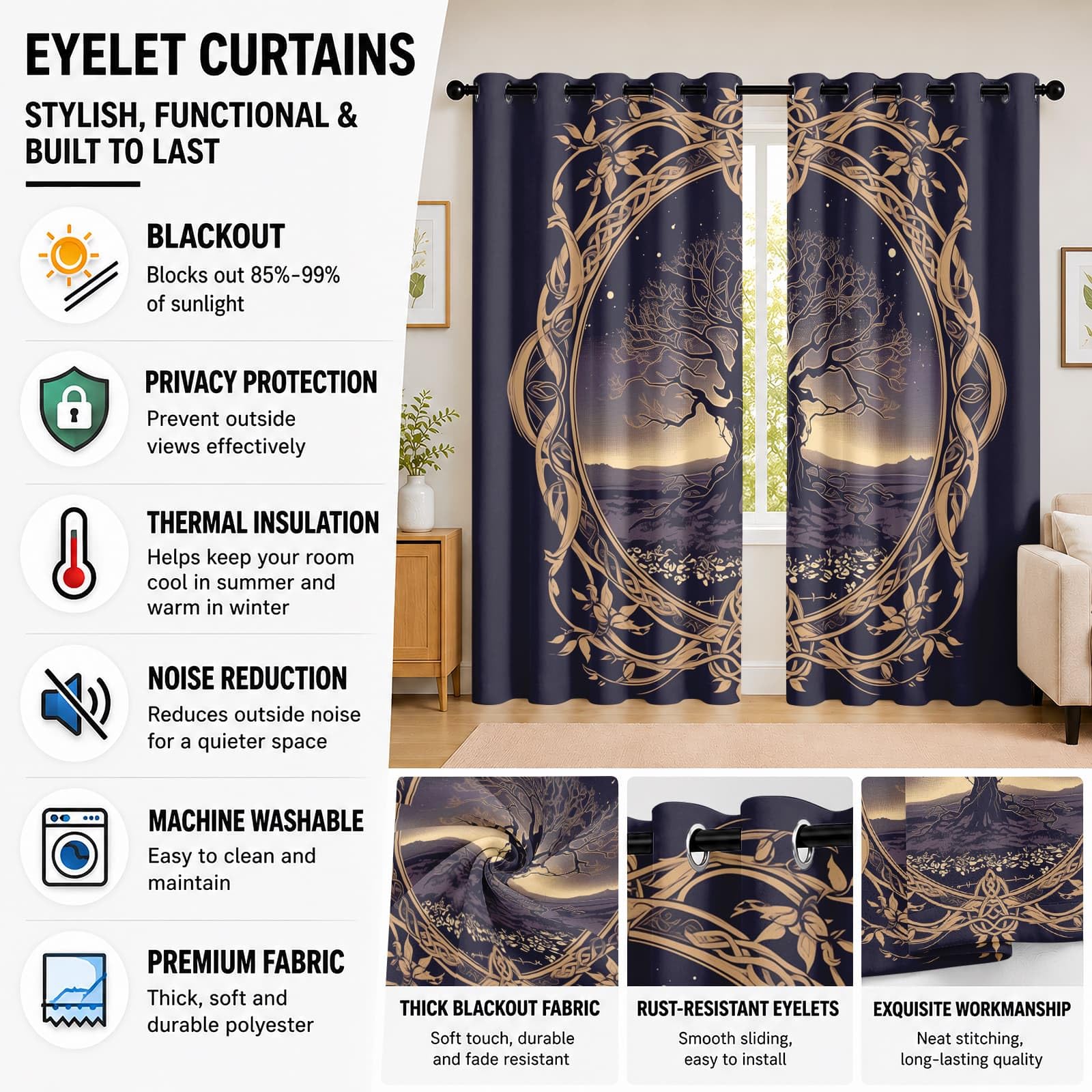 Genérico Aislantes Cortinas Opacas para NiñOs 140An x 260Al cm (2 Paneles), Tema del árbol de la Vida PoliéSter Cortinas Privacidad Morado Cortina con Ojales para Sala de Estar y Dormitorios
