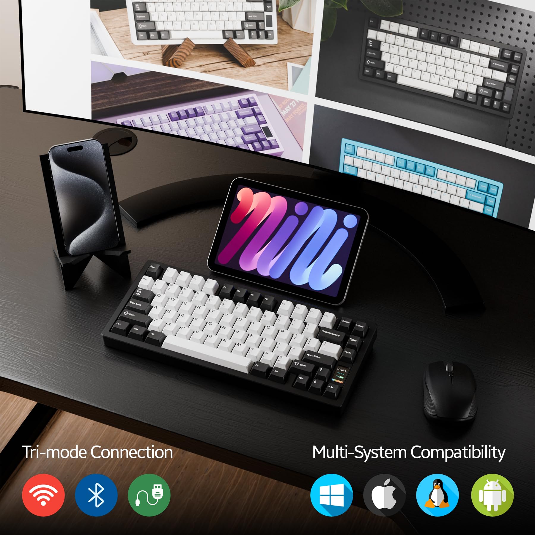 Chilkey ND75 Tastiera meccanica da gioco wireless al 75% in alluminio con schermo LCD, montaggio rapido, BT/2.4G/USB-C, tastiera nera personalizzata RGB sostituibile a caldo per Windows, MacOS