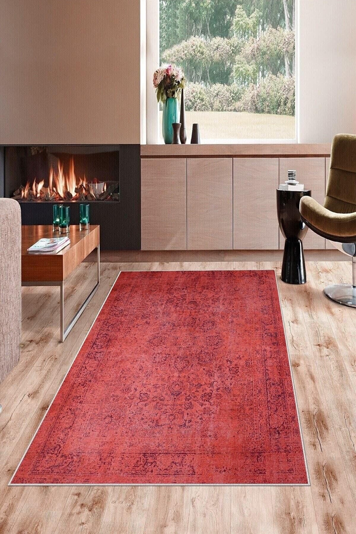 Pelangi Kırmızı Vintage Desenli Yıkanabilir Kaymaz Taban Leke Tutmaz Modern Salon Halısı Ve Yolluk, Kırmızı 80 x 500, 135832880500728