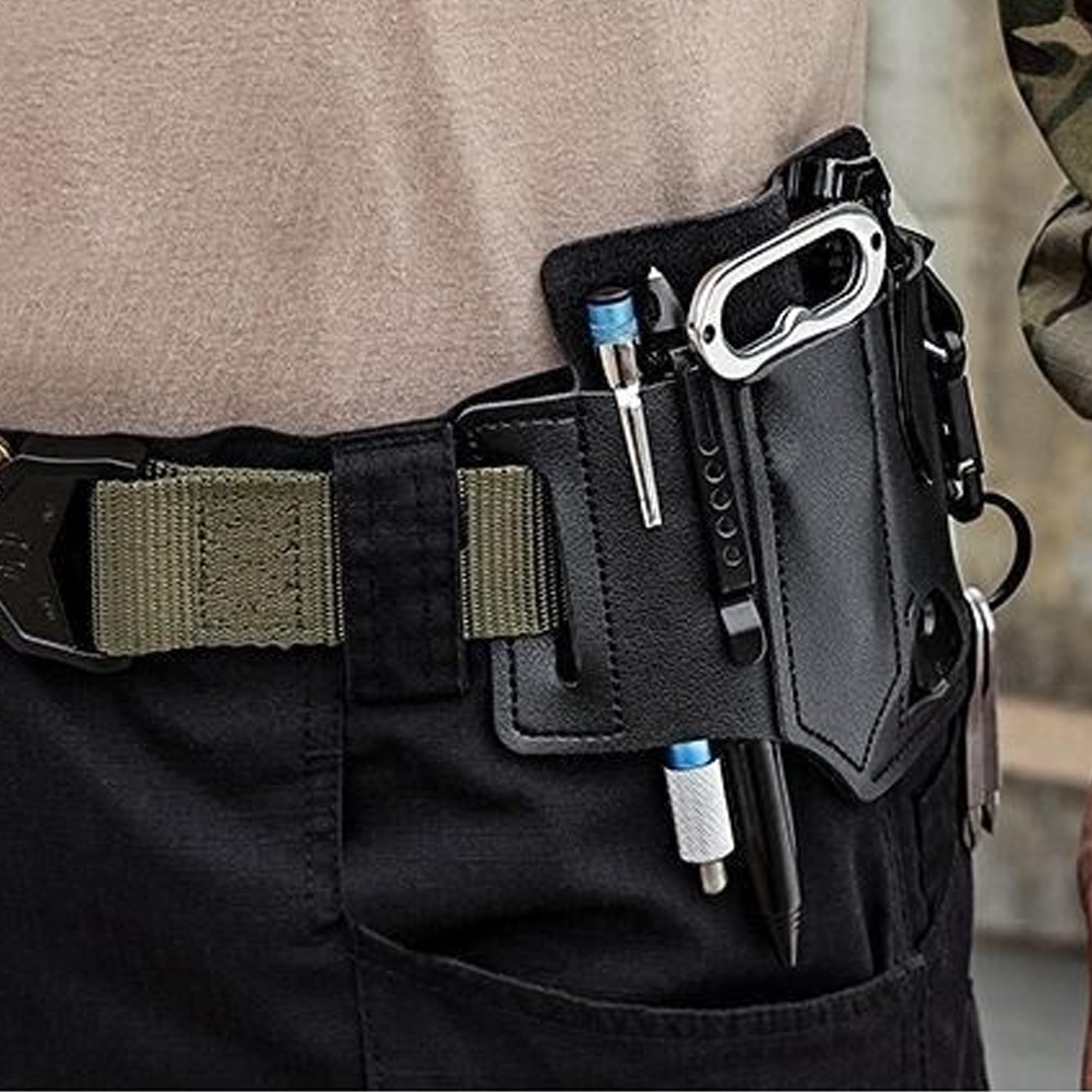 Organisateur de Gaine en Cuir EDC, Gaine Multifonction Taille Boucle de Ceinture avec Porte-clés, Organisateur de Poche avec Porte-Stylo, Gaine de Lampe de Poche, Outils de Camping en Plein air