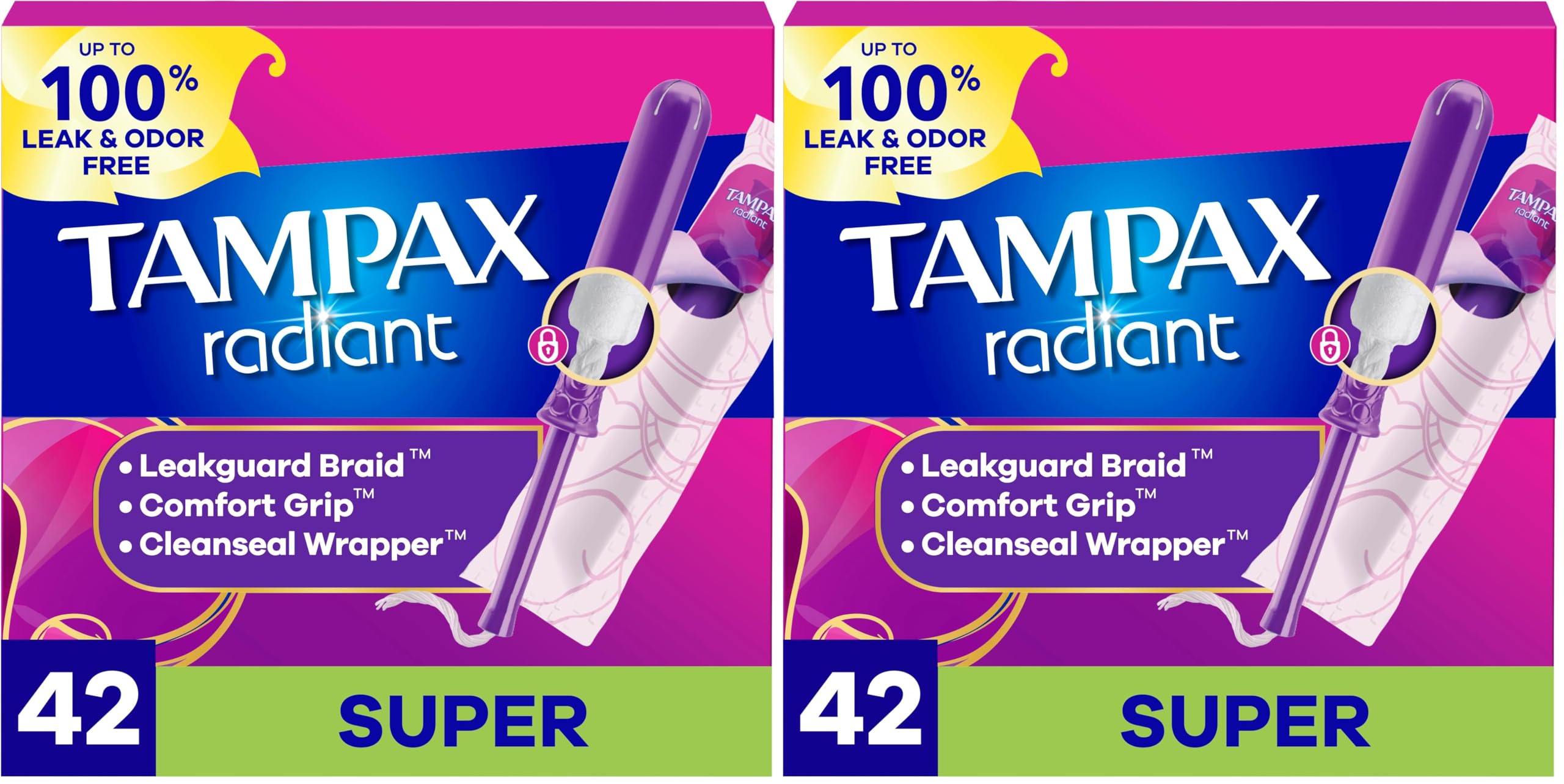 Tampax Radiant Tampons Super Absorbency with BPA-Free Plastic Applicator and LeakGuard Braid, Unscented, 42 Count (Pack of 2)