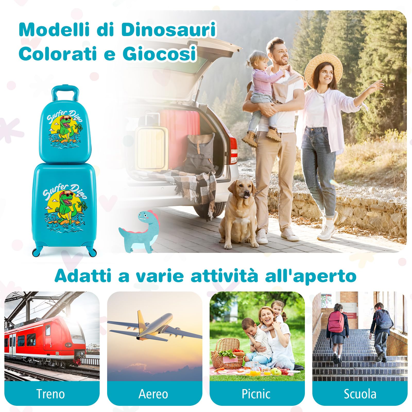 COSTWAY Set di 2 Valigia per Bambini, 17" Valigia+ 13" Zaino, con Ruote Girevoli a 360°, Maniglia Retrattile e Spallacci Regolabili, Ideale per Viaggiare in Modo Comodo e Divertente (Modello 1)