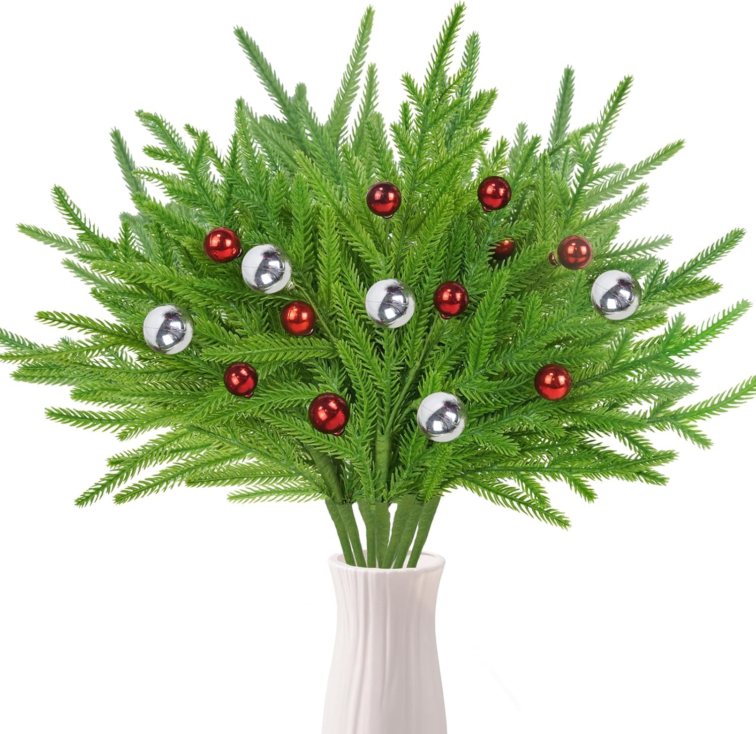 16 Pcs Artificial Pine Branches Fake Greenery Norfolk Pine Picks 17'' Artificial Christmas Berry Stems Xmas Pine Needles for Holiday DIY Crafts Flower Arrangements Decoration