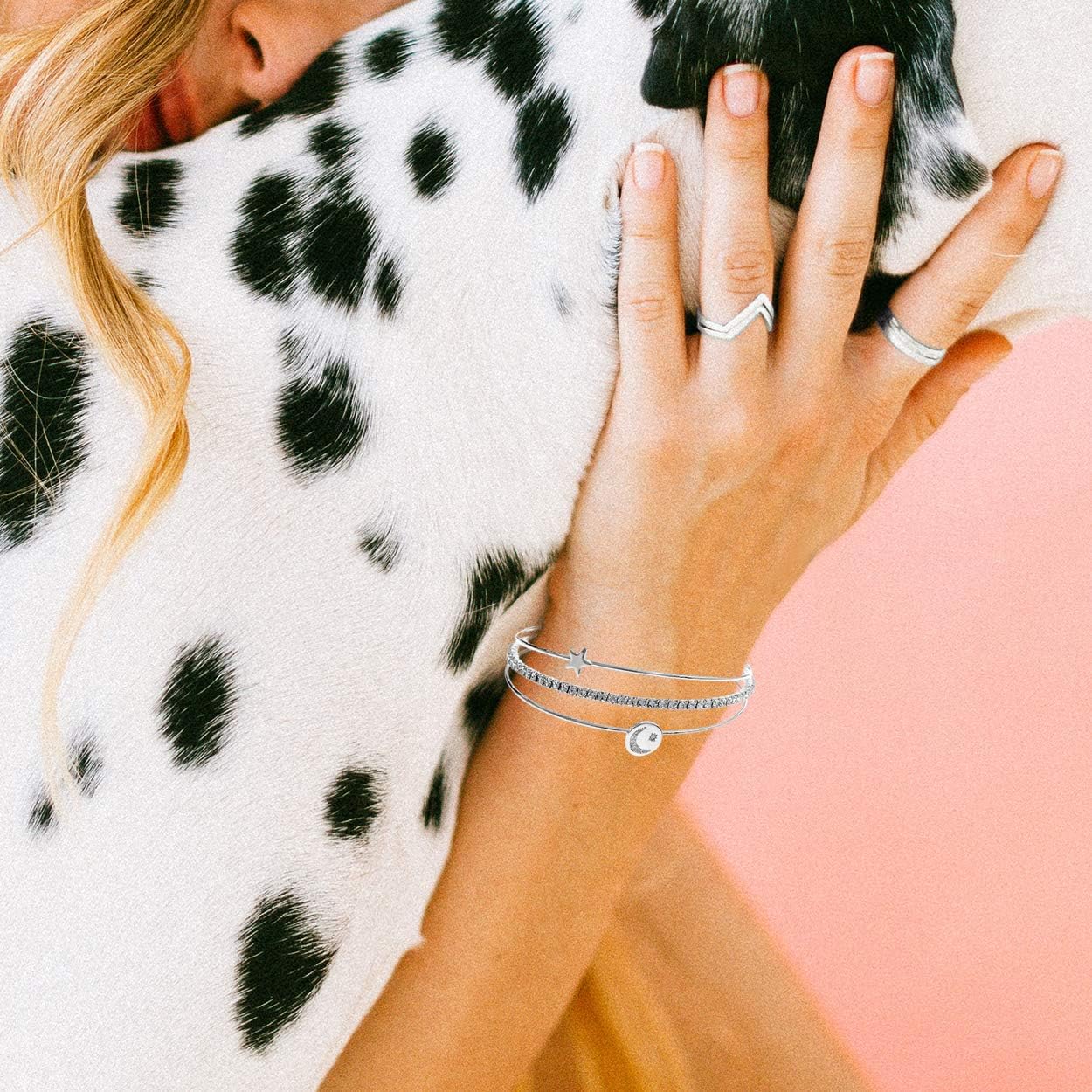 NTLX CZ Bangle Bracelets for Women - Cubic Zirconia Bracelet – CZ & Rhinestone 3 Line Memory Wire Bracelet – Silver, Gold, Rose Gold Plated - Moon & Star Design - with Gift Box included - Great Gift - Image 3