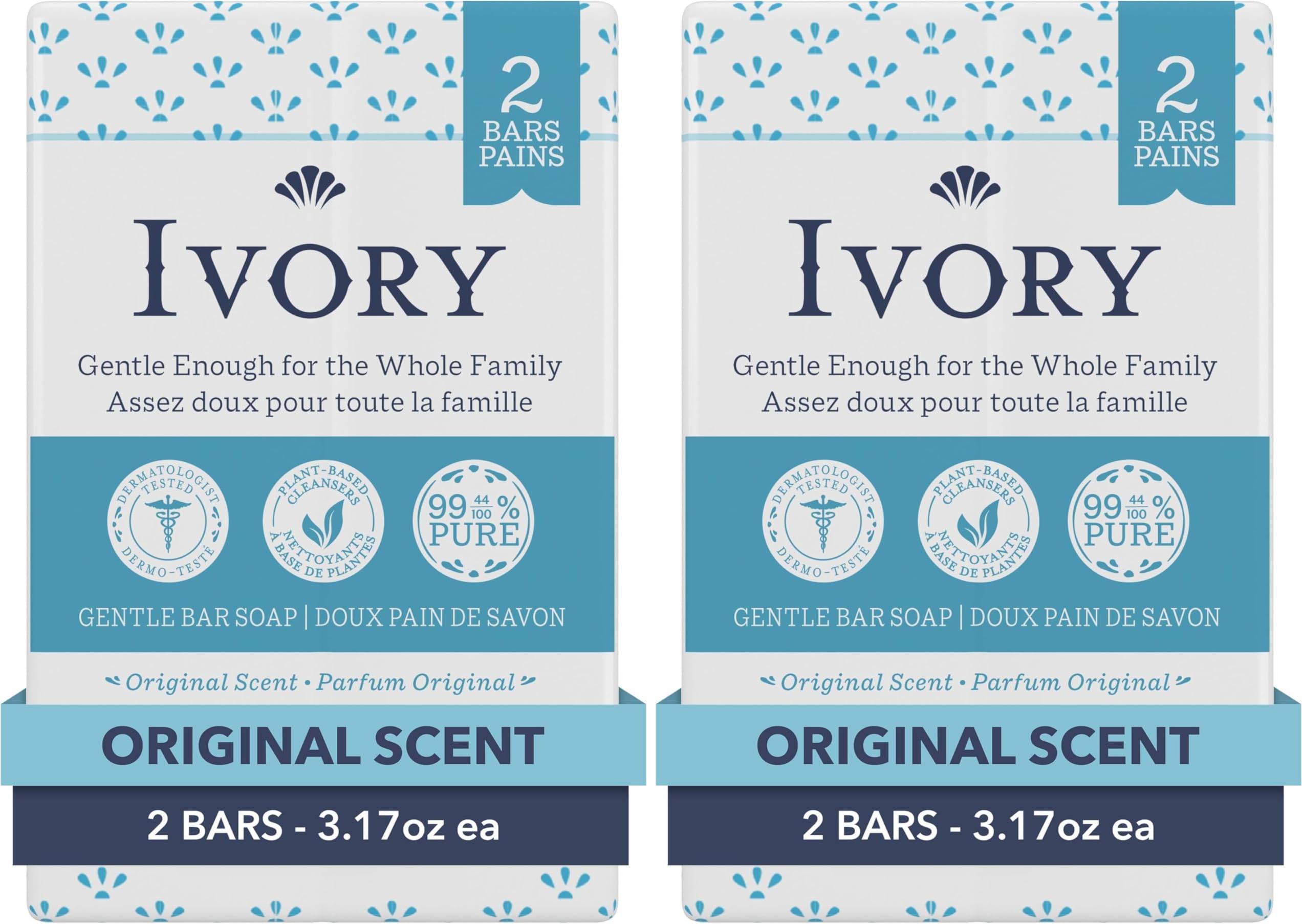 Ivory Gentle Bath Bar Soap, Designed for Whole Family, 99.44% Pure Formula with Plant-Based Cleansers, Made Without Heavy Perfumes, Parabens or Phthalates, Original Scent, 3.17 oz (2 Count)(Pack of 2)