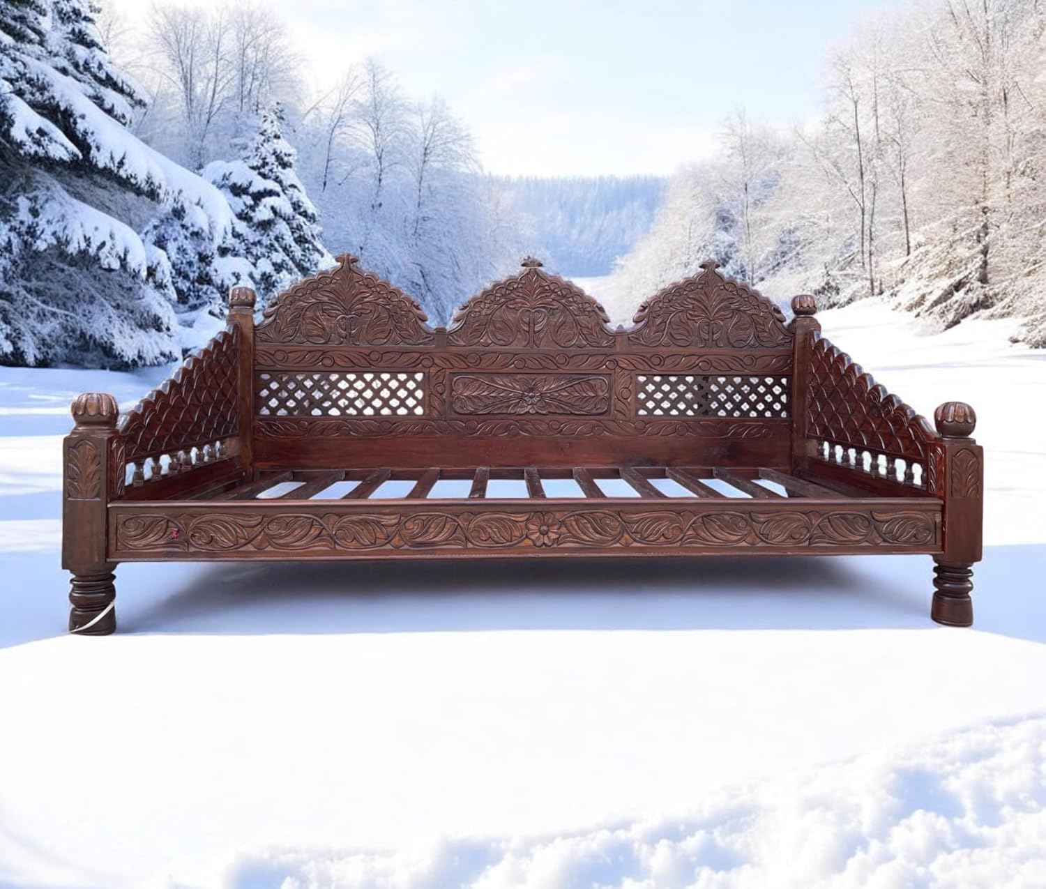 Carved Arch DayBed. Medium Antique Finish. Twin XL Size. Handmade from Solid Mahogany Wood. Designed, Produced and Imported Indian Inspired Day Bed Sofa.