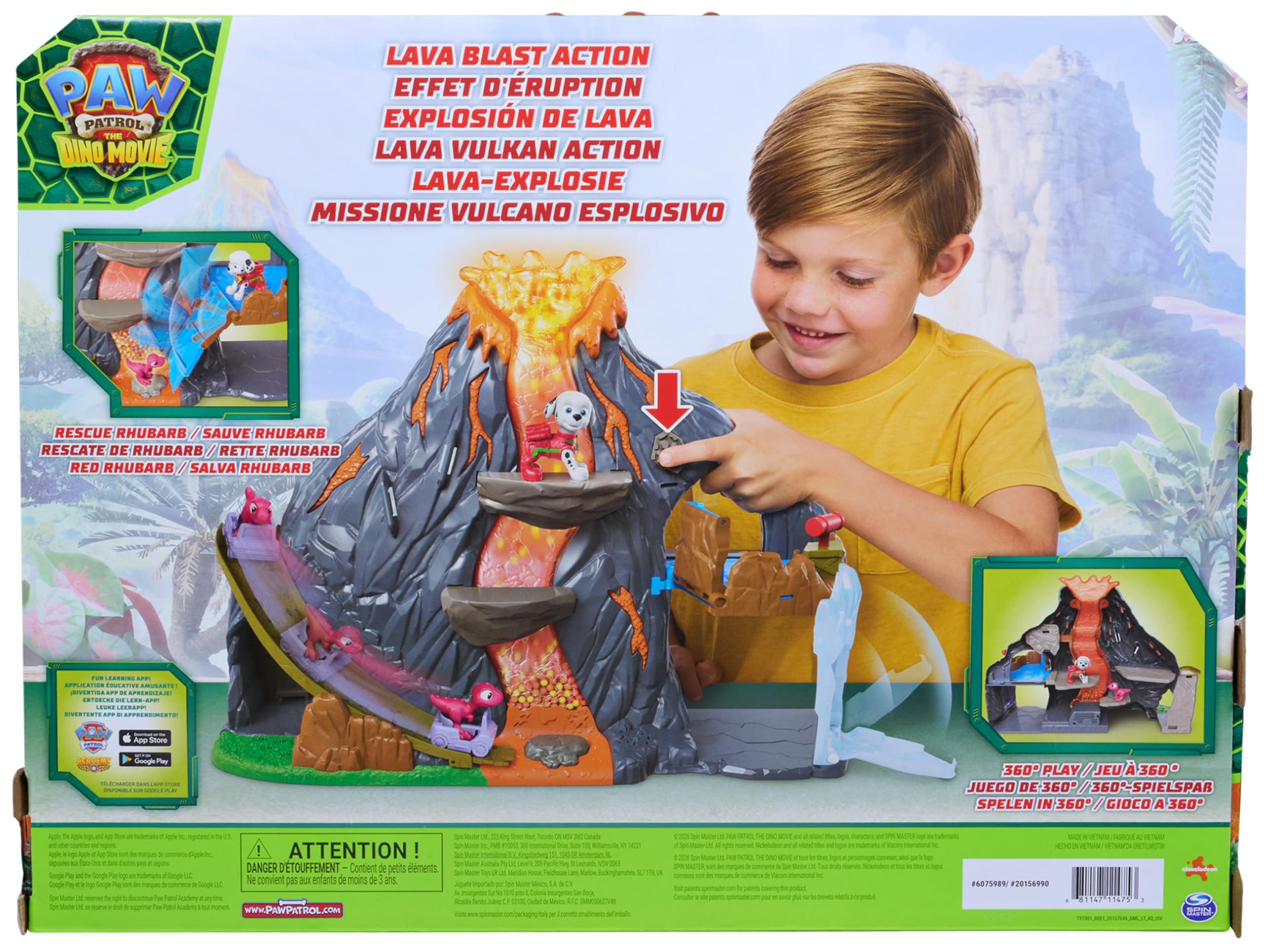 PAW PATROL: Der Dino Film Super-Lava-Blast Vulkan-Spielset, ab 3 Jahren | 360° bespielbar | Marshall- & Rhabarber-Figur | Licht & Sound | Multisensorisches Spiel | Vulkan-Ausbruch-Simulation