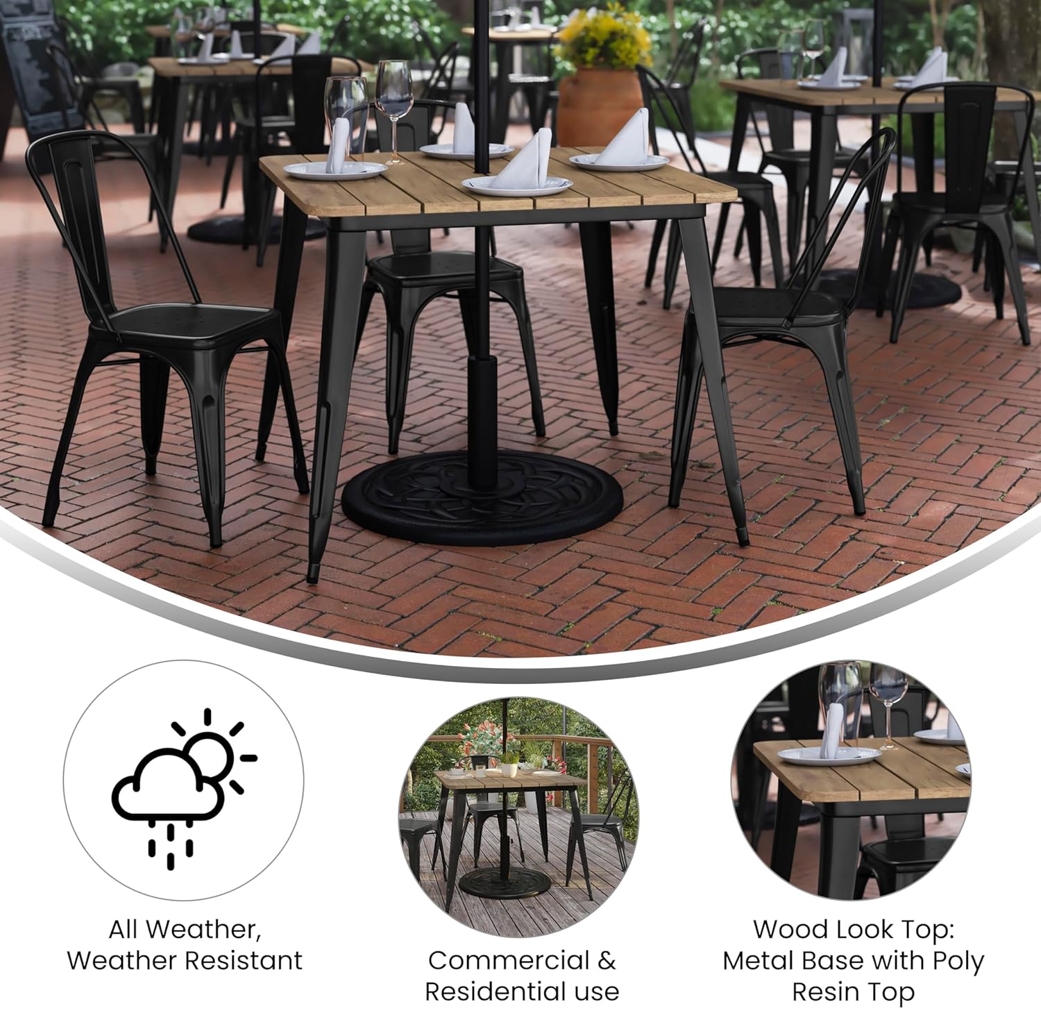 EMMA + OLIVER Drew Dining Table with Umbrella Hole - Brown 36" Square Poly Resin Table Top - Black Steel Base - All-Weather for Indoor/Outdoor Use