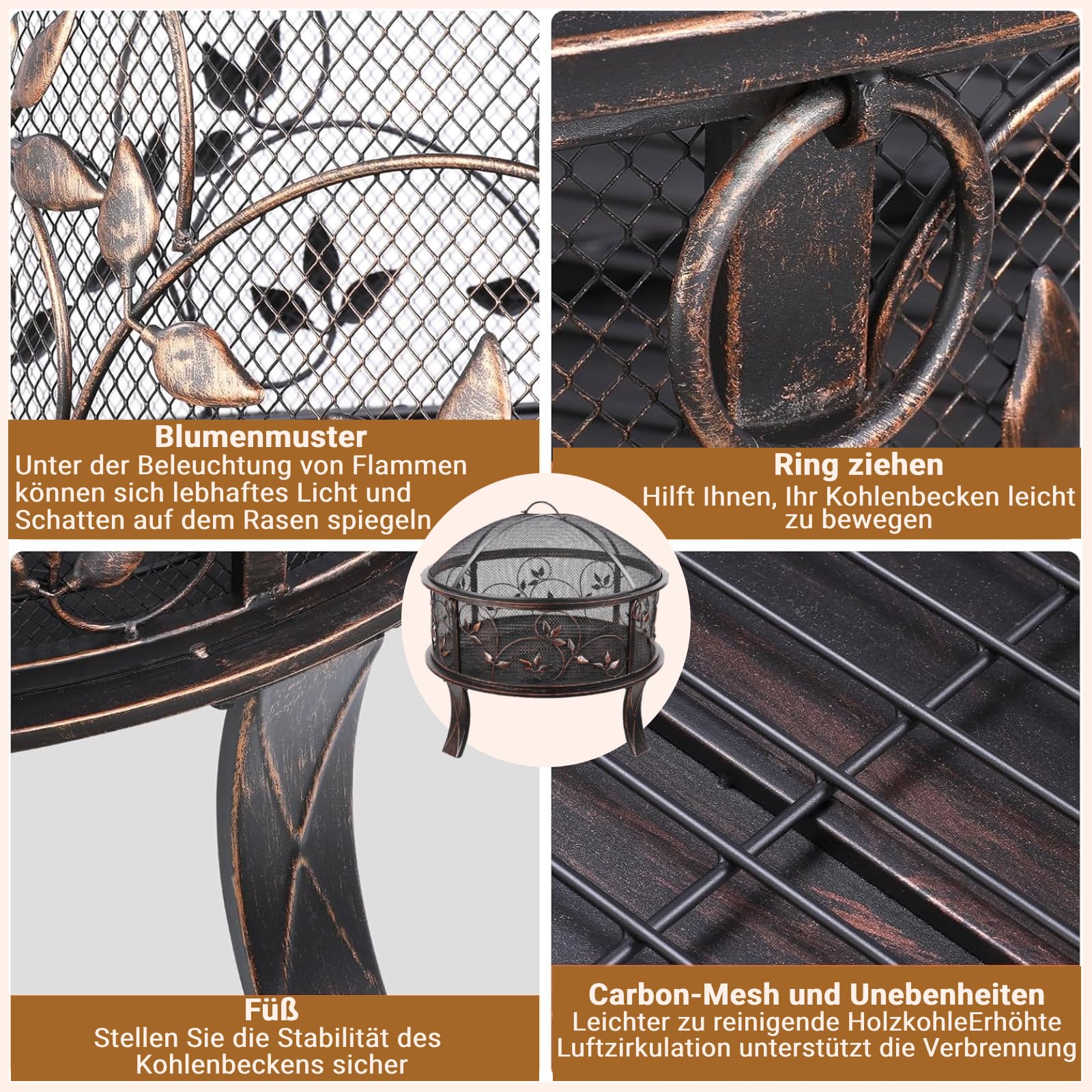 Braciere da giardino, braciere con parascintille, effetto retrò, con griglia per poker e carbone, riscaldamento in inverno, 4 PCS piede, motivo erba, Ø 71 x 65 cm, per giardino, campeggio, spiaggia
