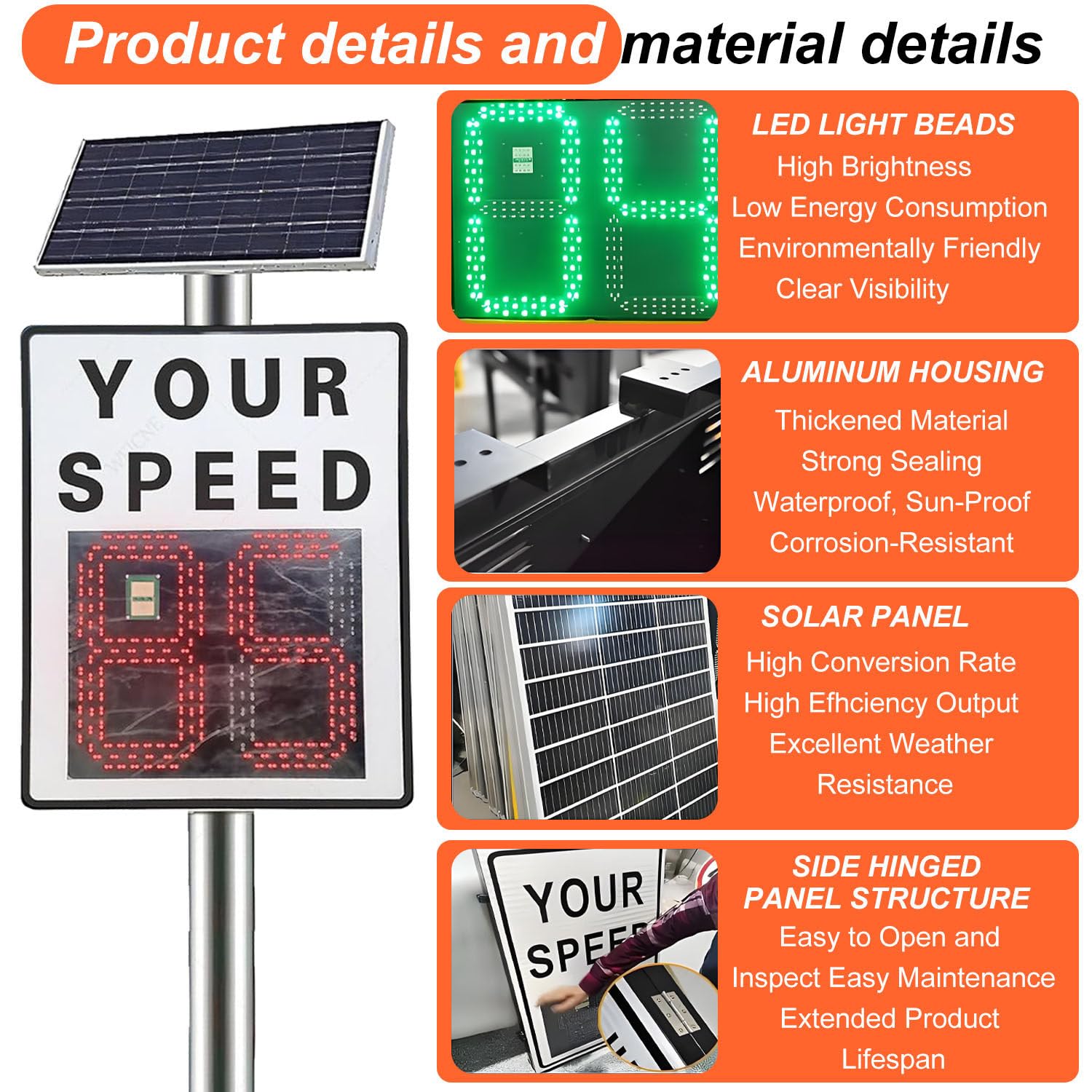 Señal de radar digital con detector de velocidad y panel solar, pantalla LED brillante, alerta intermitente de exceso de velocidad, visibilidad nocturna, señal de velocidad solar White-24×35in