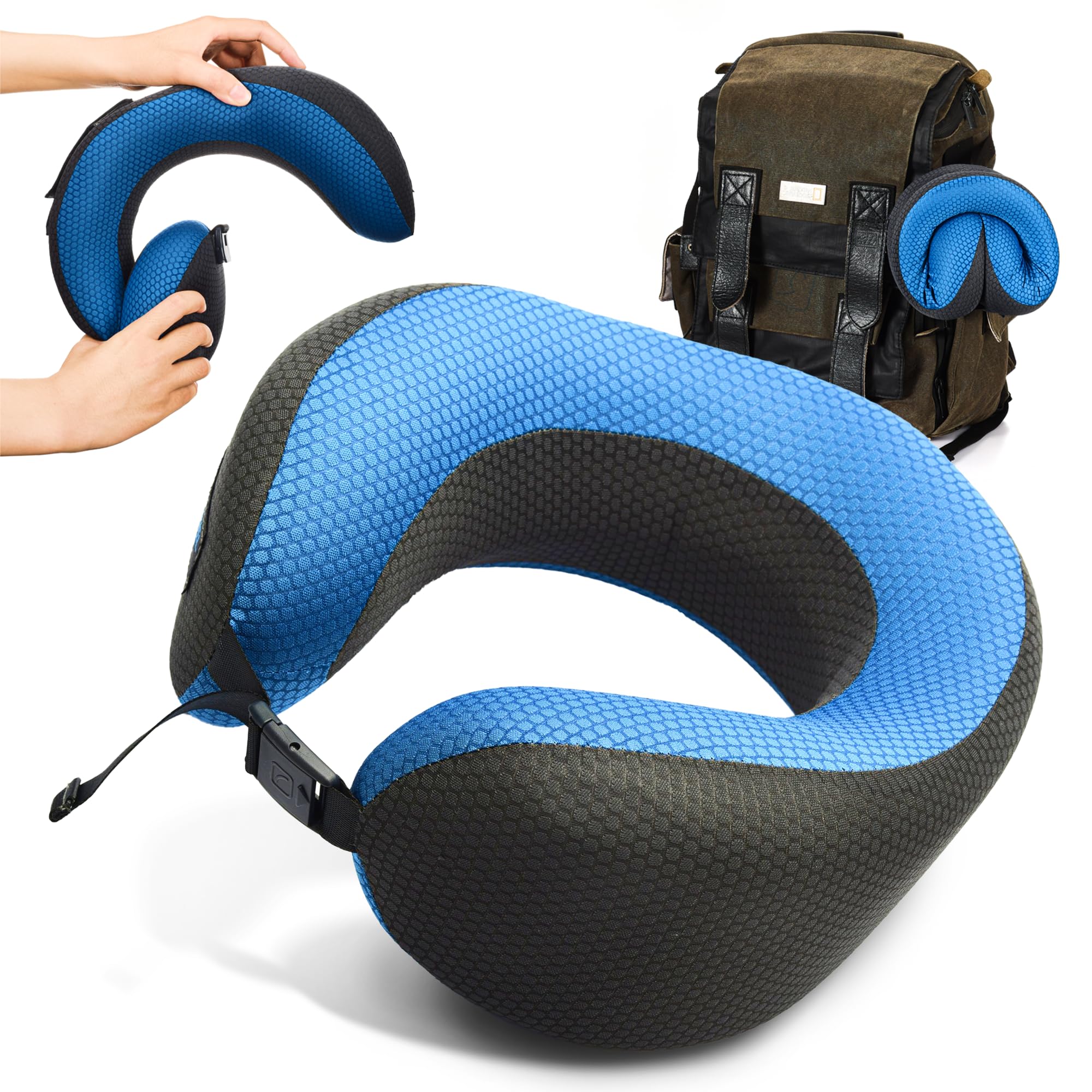 Travel Blue Dreamer Almohada de Viaje para Cuello - Cojín de Viaje - Almohada Viscoelastica, Ergonómica, Malla Transpirable, Funda Lavable, Compacta, Ligera Avión, Coche, Tren (Blue)
