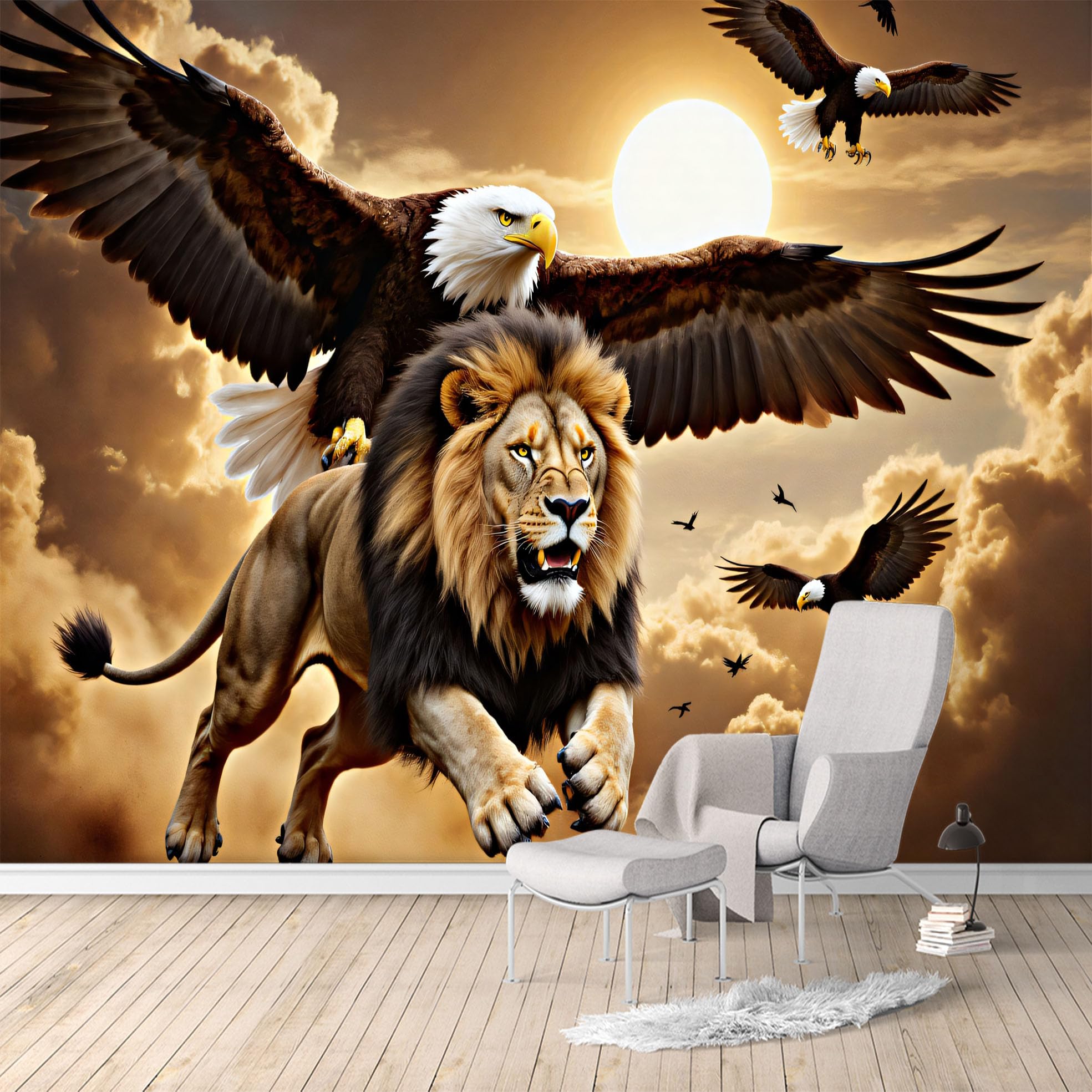 Custom Size Wall Murals,Majestic Lion and Bald Eagle Fantasy Sunset Scene,SelfAdhesive Water Activated Removable Wall Covering,Large Photo Wallpaper for Living Room Bedroom Office