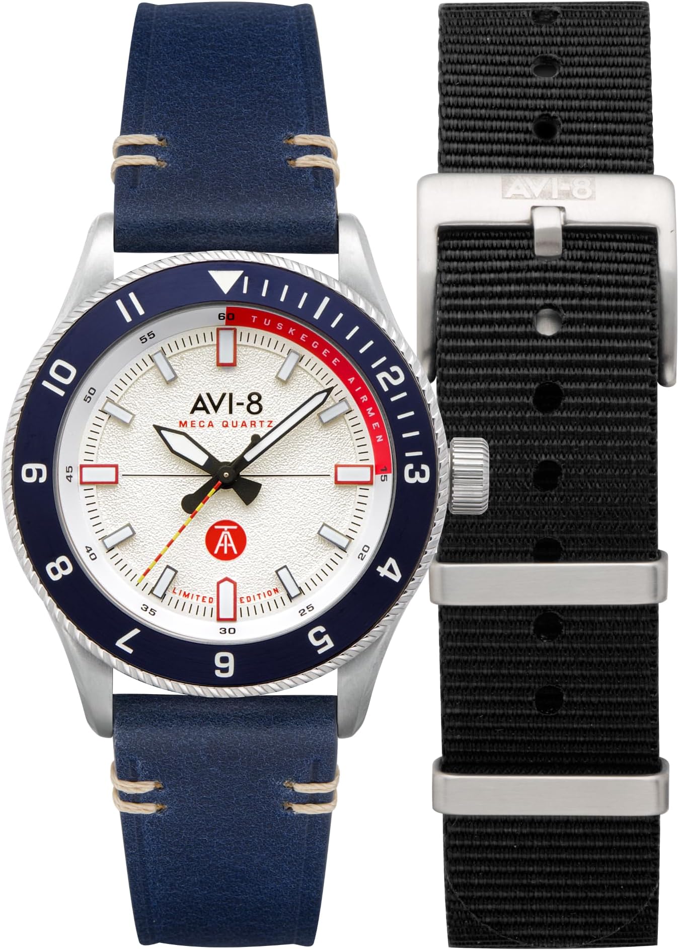 AVI-8Men's 48mm Flyboy Tuskegee Airmen Japanese Meca-Quartz Watch with Leather Strap AV-4103
