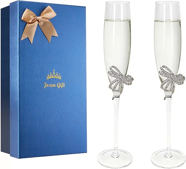 Jozen Gift Gold Champagne Flutes - Set of 2 Hand Blown Champagne Glasses wtih Metal Accent- Gifts for Birthday,Wedding, Mother’s Day - 6 oz (Classic, Silver)