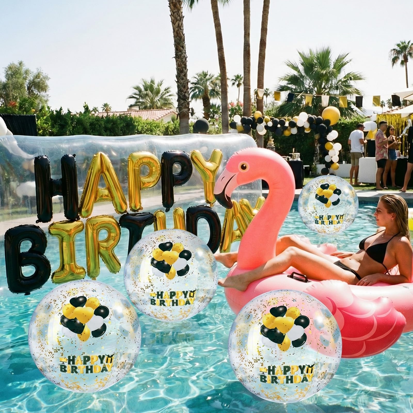 Hollowfly Lot de 4 grandes boules de plage gonflables « Happy Birthday » avec paillettes à l'intérieur de 50,8 cm pour décorations d'anniversaire, piscine, jeux d'eau, cadeaux de plage (noir, doré)
