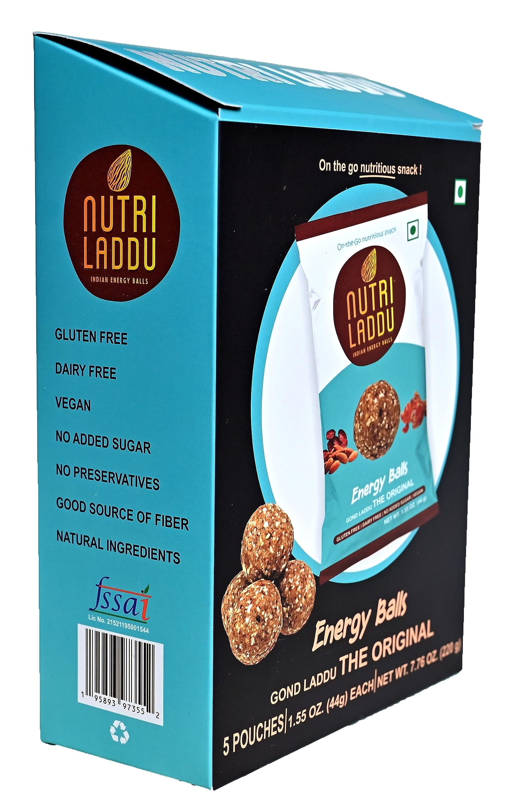 Nutri Laddu Indian Energy Balls, On-The-Go Single Serve Snack (Box of 5 Pouches) Each Pouch Has 2 Balls (Original)