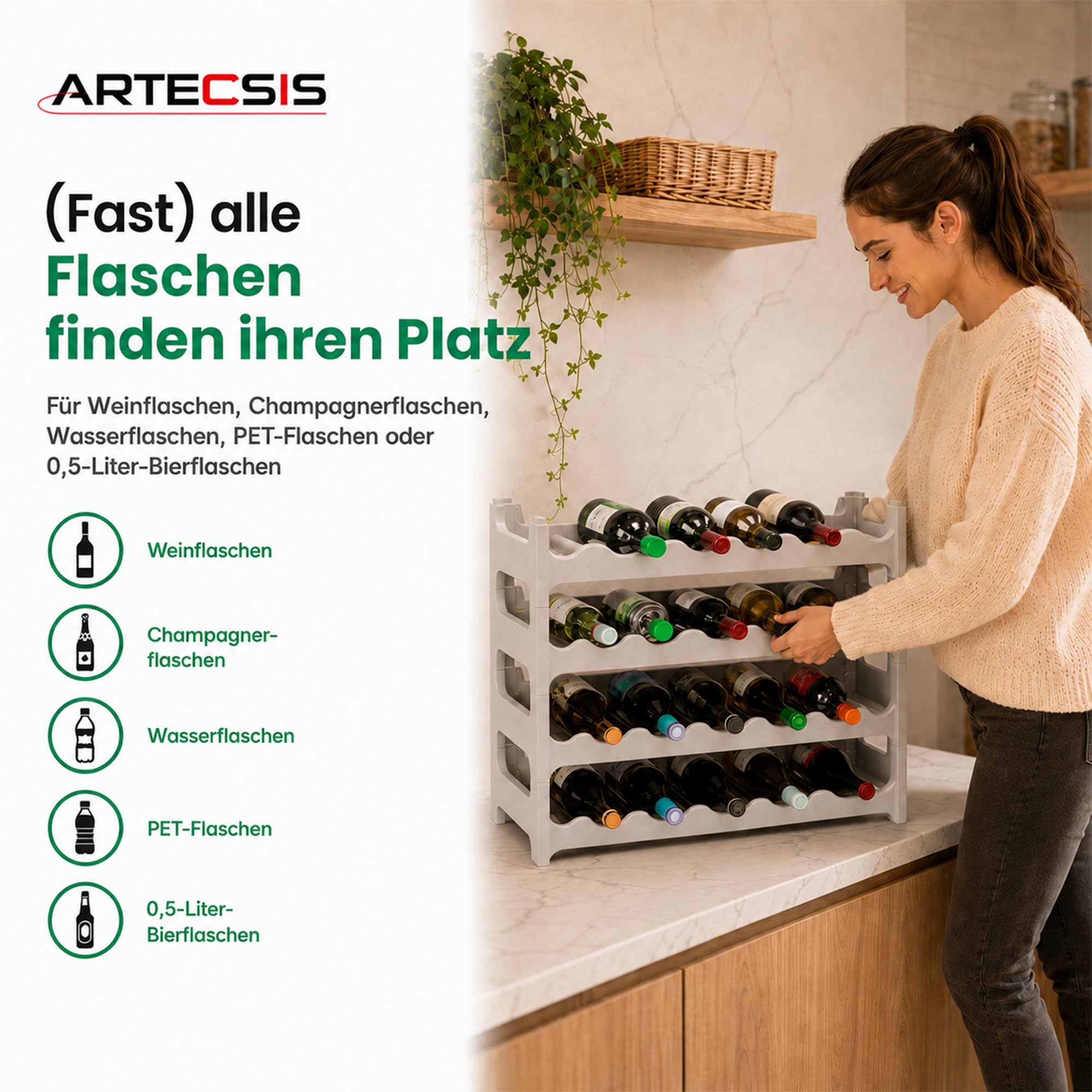 ARTECSIS® Weinregal stapelbar & modular erweiterbar Kunststoff für 24 Weinflaschen (granitgrau) - Stabiles Flaschenregal & Getränkeregal Gastronomie-Qualität
