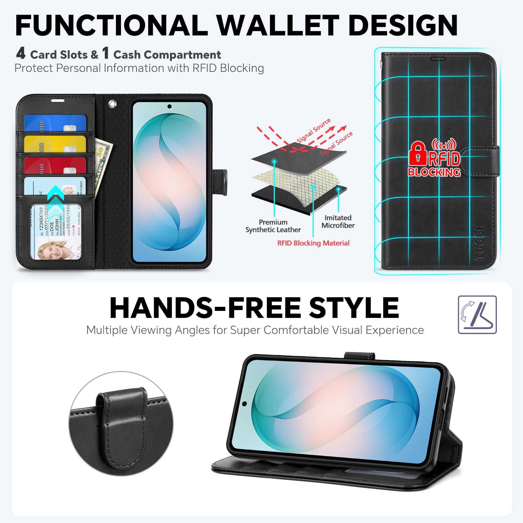 TUCCH Funda para Galaxy S26+ Plus 5G, 2 en 1 Extraíble Correa Carcasa con Bloqueo RFID, Soporte Plegable, Ranura para Tarjeta Carcasa de TPU, Funda Cuero PU para Galaxy S26 Plus (6,7" 2026), Negro