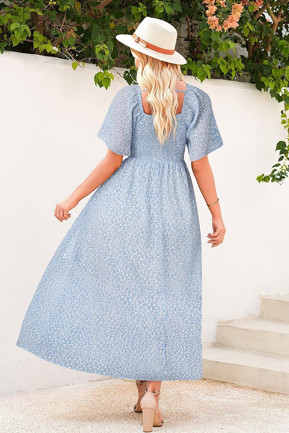 Dokotoo Womens Dresses 2025 Square Neck Tie Backless Summer Dresses Cap Sleeve Floral Buttoned Empire Waist Maxi Dress - Image 3