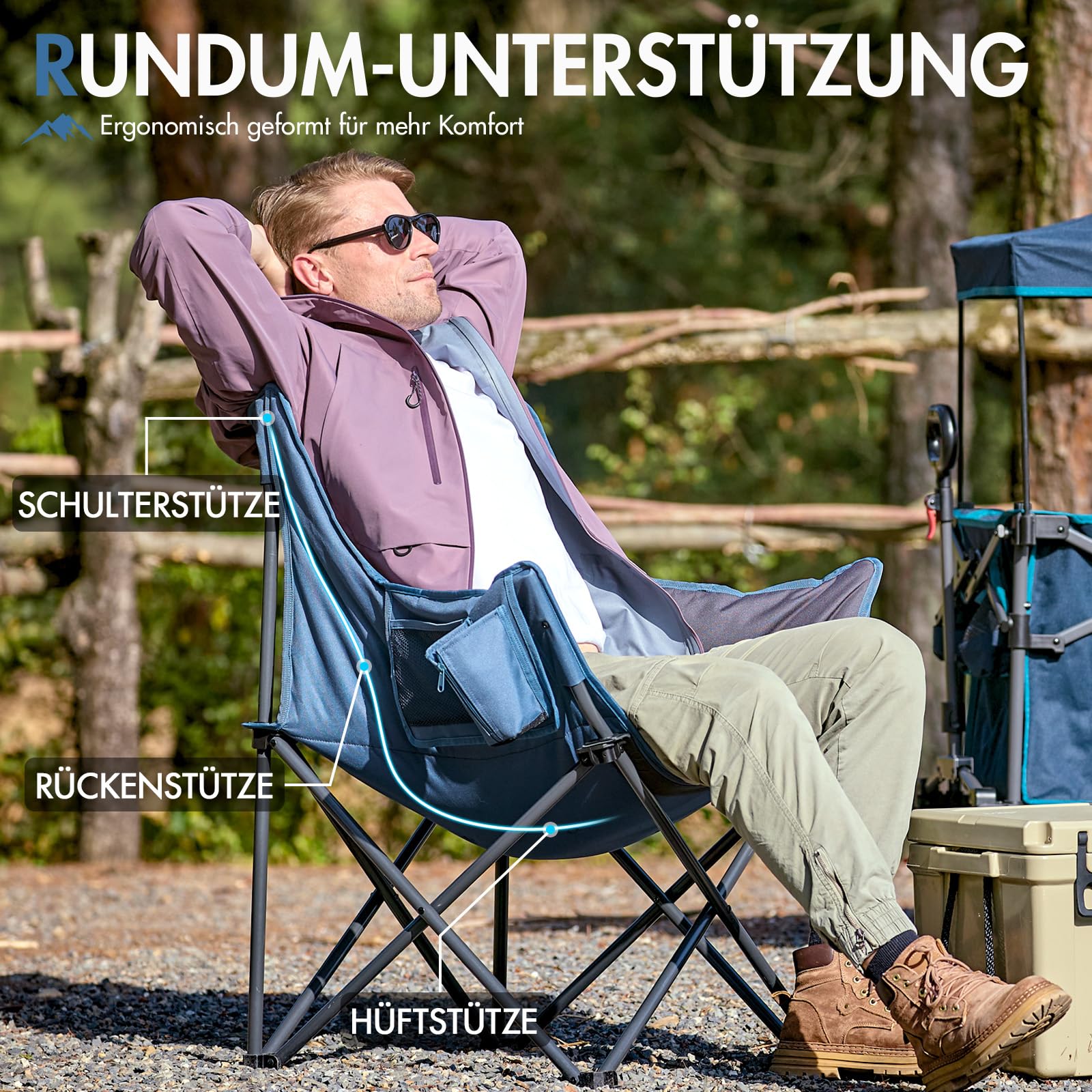 Portal Campingstuhl Faltbar Klappstuhl Camping Klappbar Super Weich 150kg Belastbar Faltbarer Angelstuhl XXL mit Armlehnen