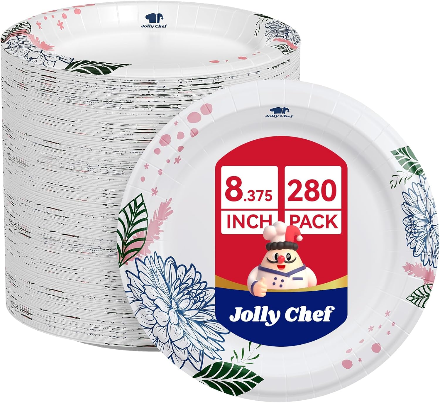 JOLLY CHEF 280 Count Paper Plates 8.37 inch Soak Proof, Cut Proof, Heavy Duty Flower Printed Disposable Paper Plates for Everyday Use, Thanksgiving, Christmas Day