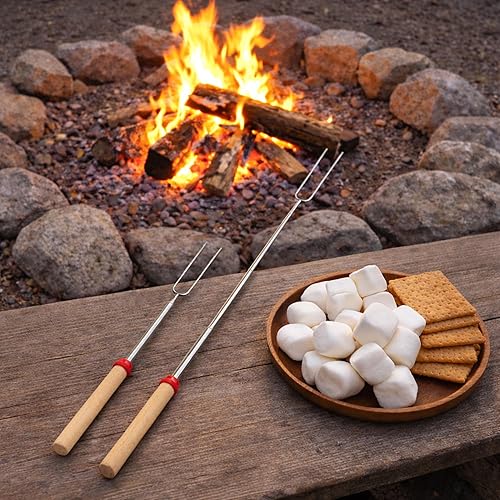 Miniatura 7 de HOOPLE Smores Sticks para hoguera, palos telescópicos para asar malvaviscos de 32 pulgadas, pinchos para fogata, barbacoa, hoguera, artículos
