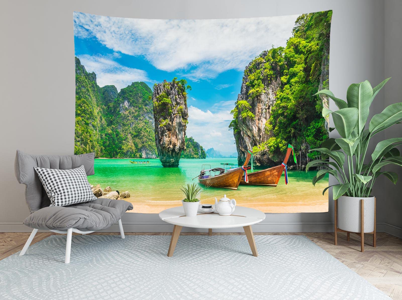 Tapisserie Murale CORFOTO 150x130cm Paysage Thaïlande Île Mer Bateau Montagne - Décoration Salon Chambre
