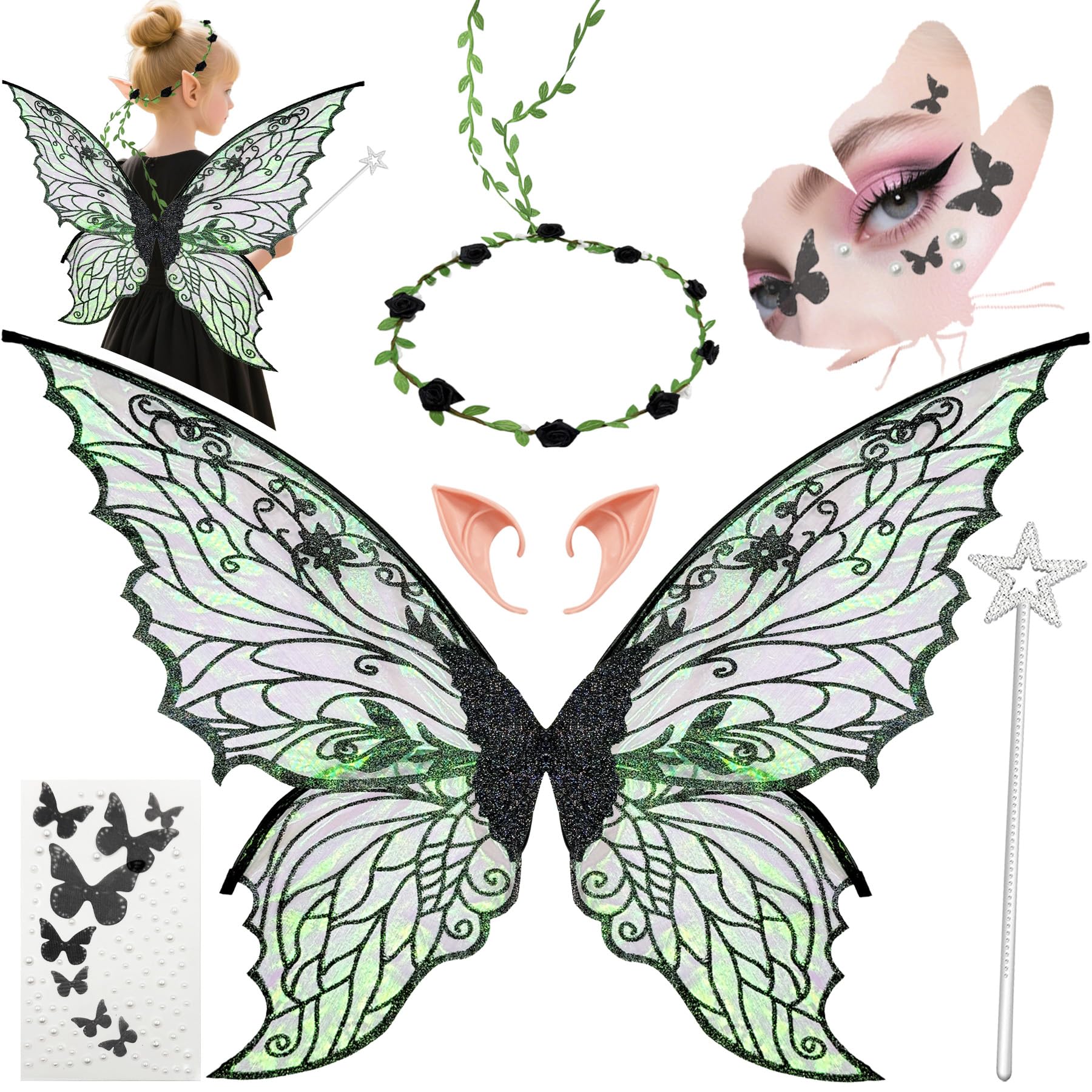 YeahBoom Fairy Wings Butterfly Shape Fairy Wings for Adults and Children Butterfly Wings with Elf Ears