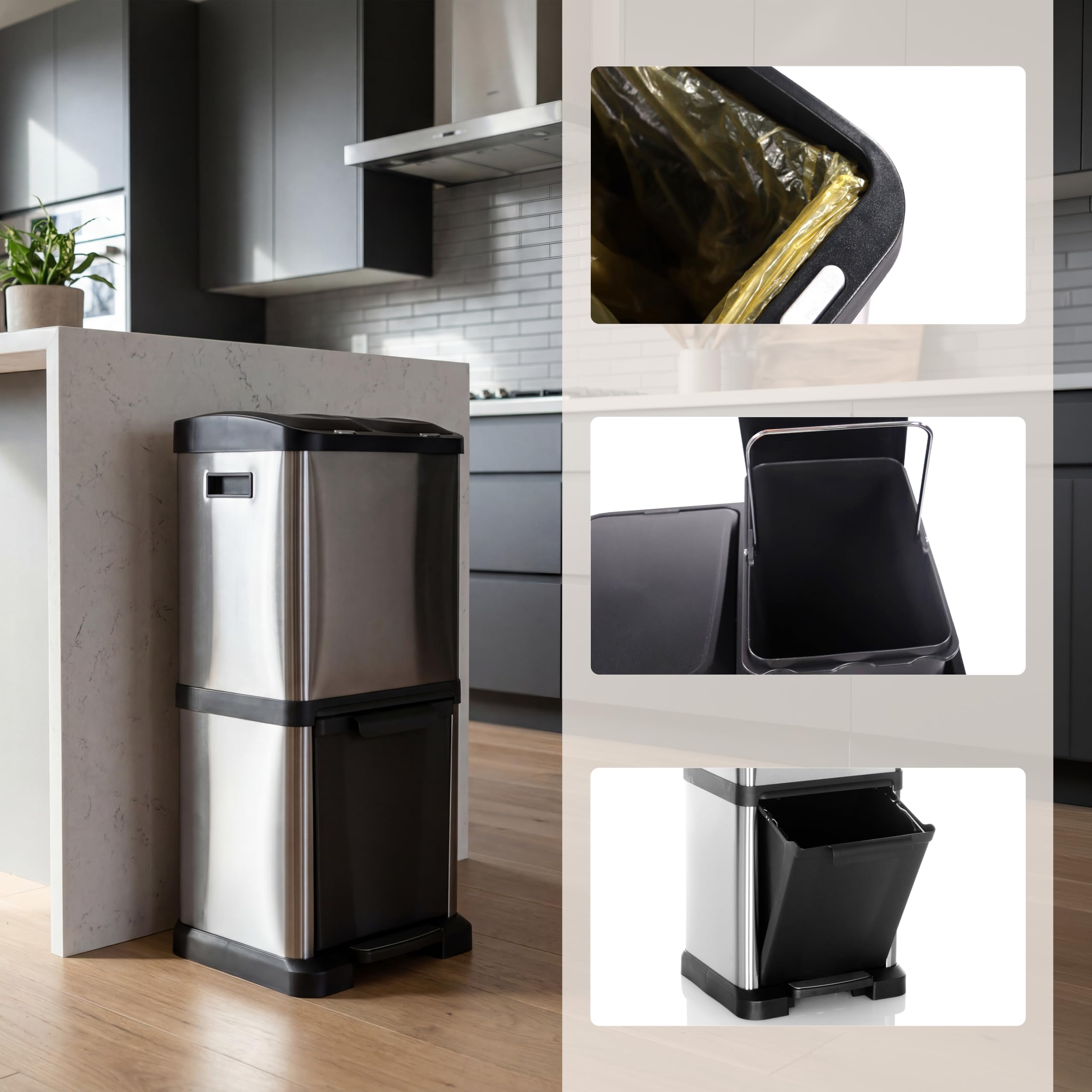 HJH Office cestino CLEAN VII in acciaio, sistema di separazione dei rifiuti con 3 scomparti (2 x 8L + 1 x 16L), uso universale, argento, 741100