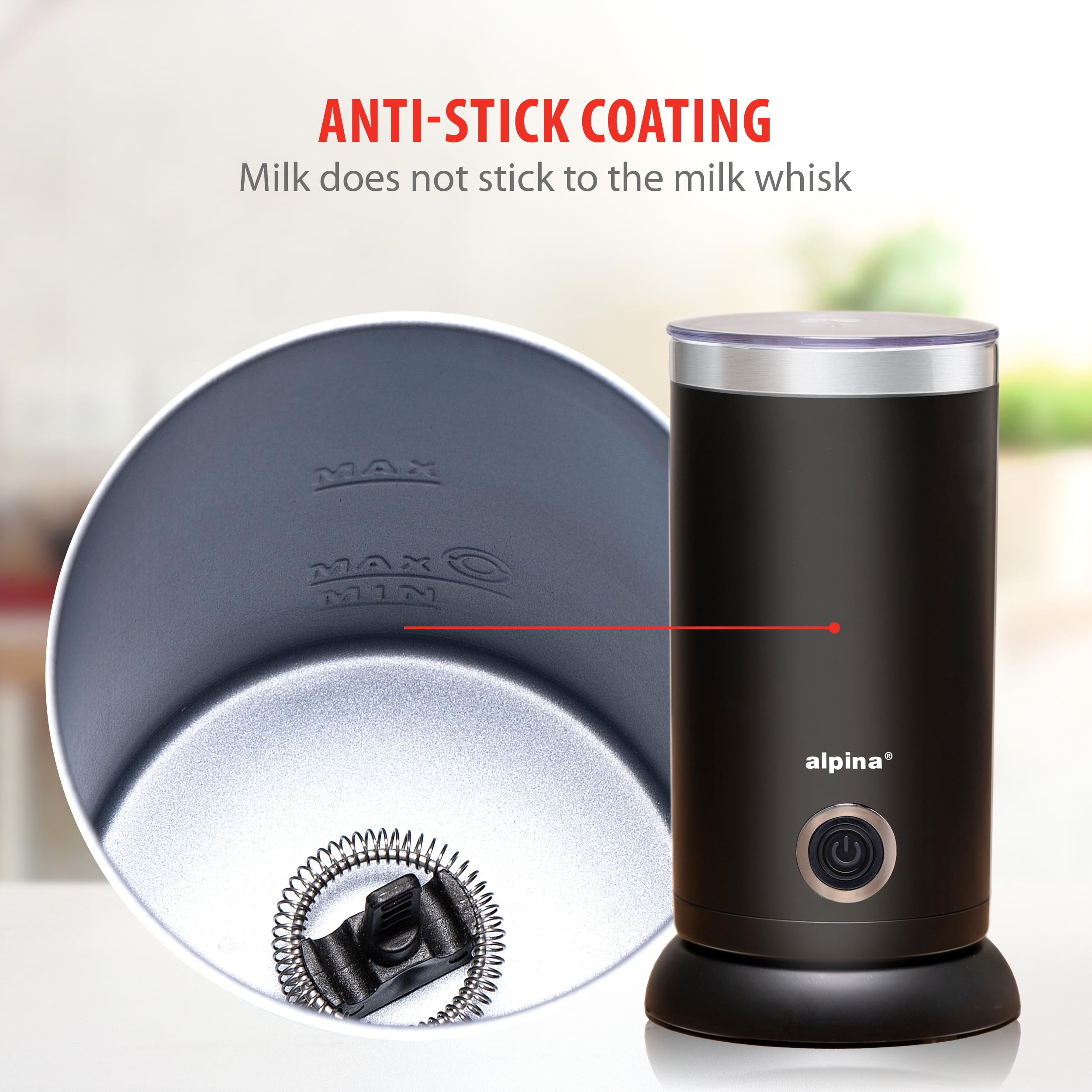 alpina Montalatte Elettrico - Cappuccinatore 230V/450W - Scaldalatte Elettrico 3 in 1-300 ML - Schiumalatte Elettrico Montalatte - Scalda Monta Latte a 65°C - Strato Antiagglomerante - Nero