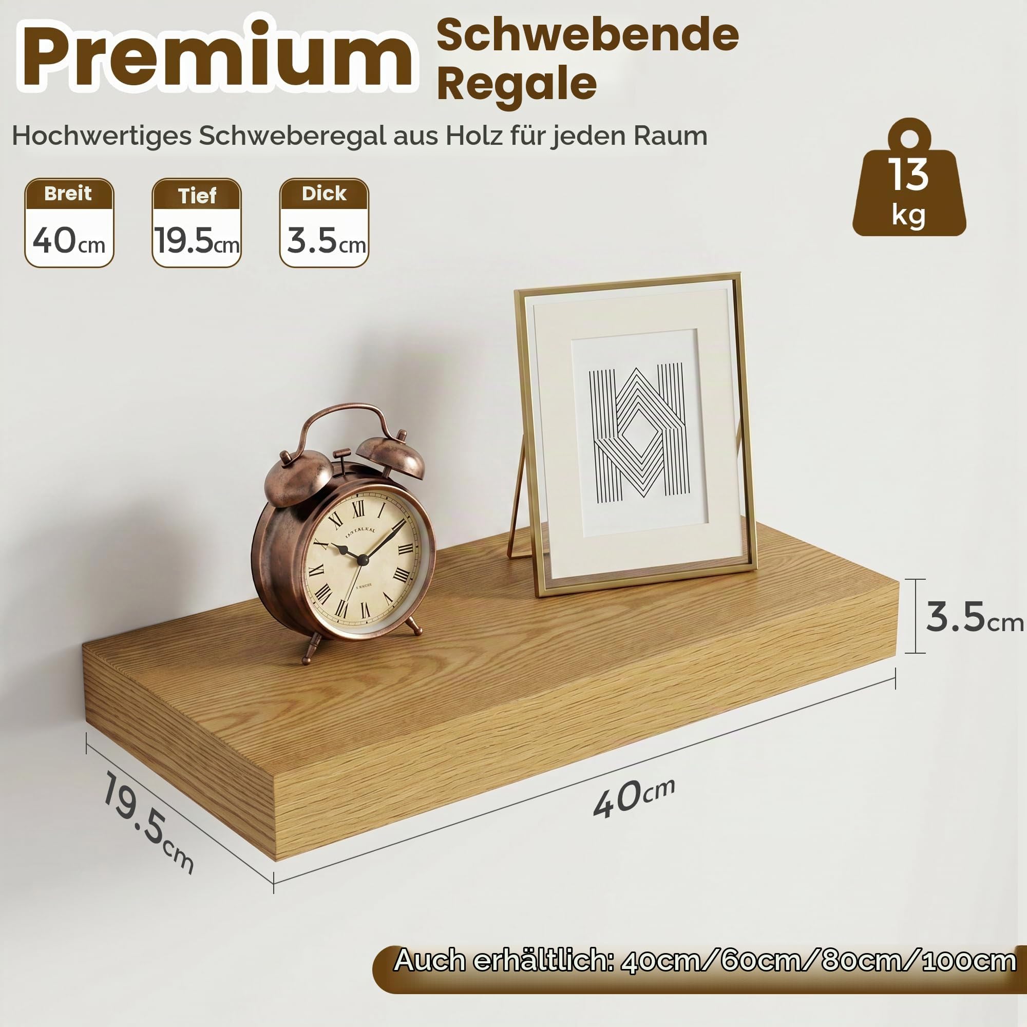Wandregal 40 cm, 2er set Schweberegal, 19,5 cm tief, 13 kg belastbar, Eiche