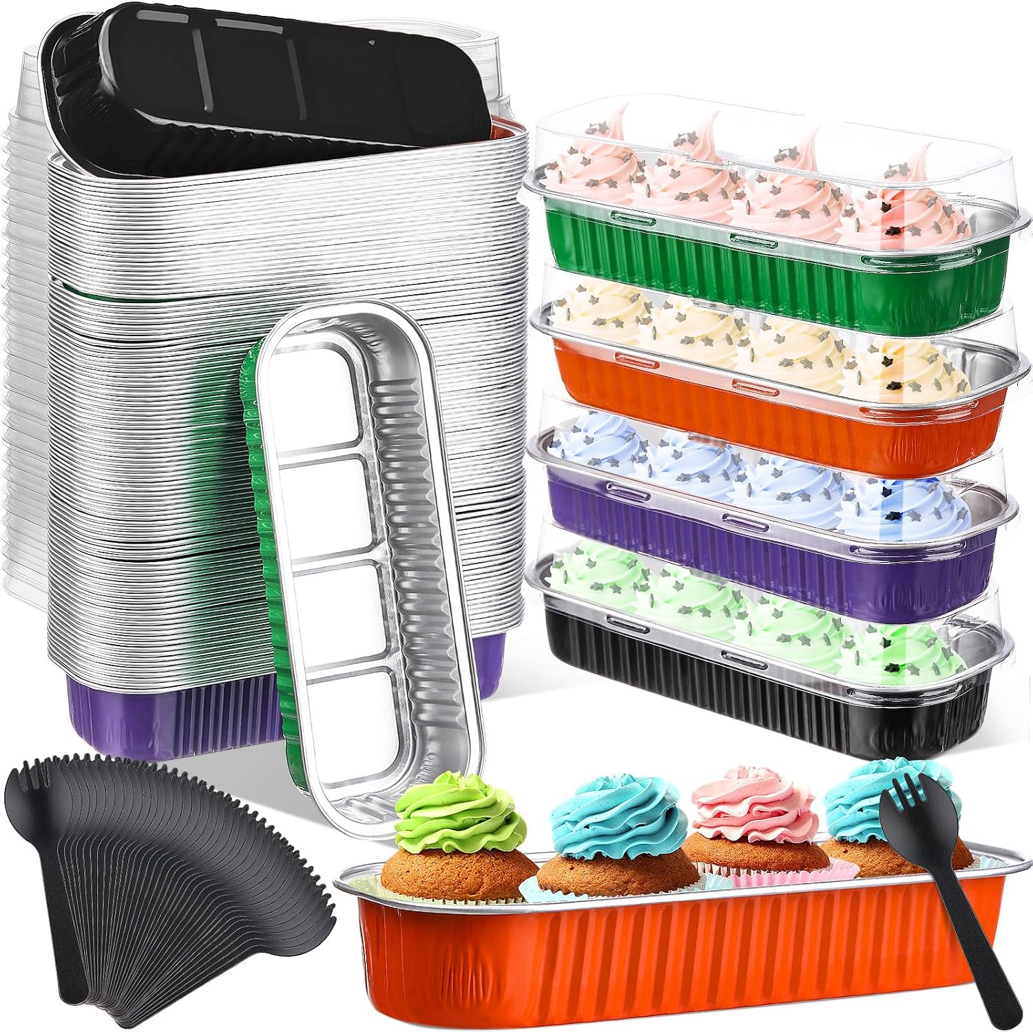 Blushtier 540 Pcs Halloween Mini Loaf Pans with Lids and Spoons 6.8 oz Rectangular Aluminum Foil Baking Pans Mini Cake Tins for Bread Desserts(Rectangle Style)