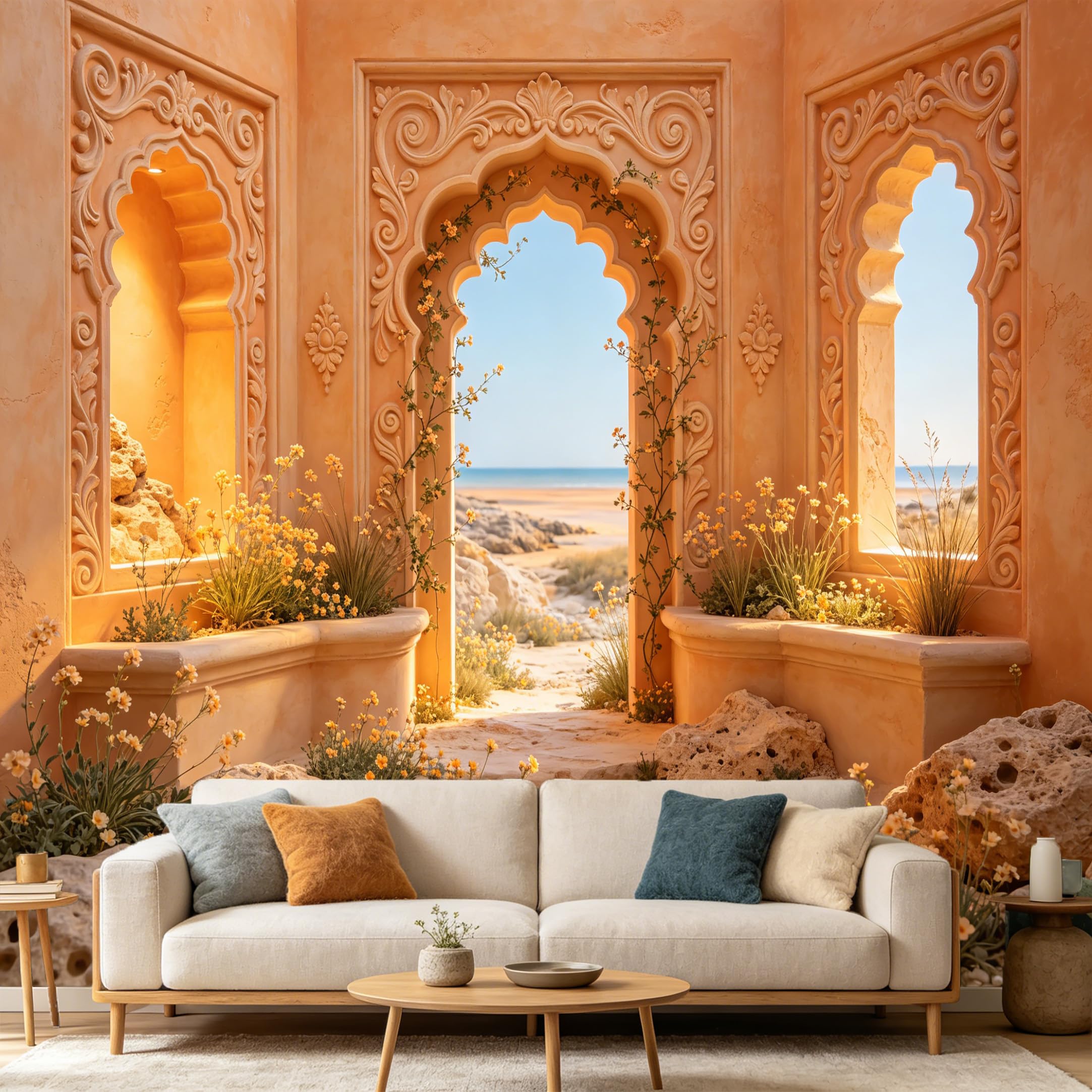 Custom Size Wall Mural， Mediterranean Coastal Archway Beach View， 3D Trompe L'Oeil， SelfAdhesive Art Prints wall Fabric Removable Large Wallpaper Home Living Room Decor