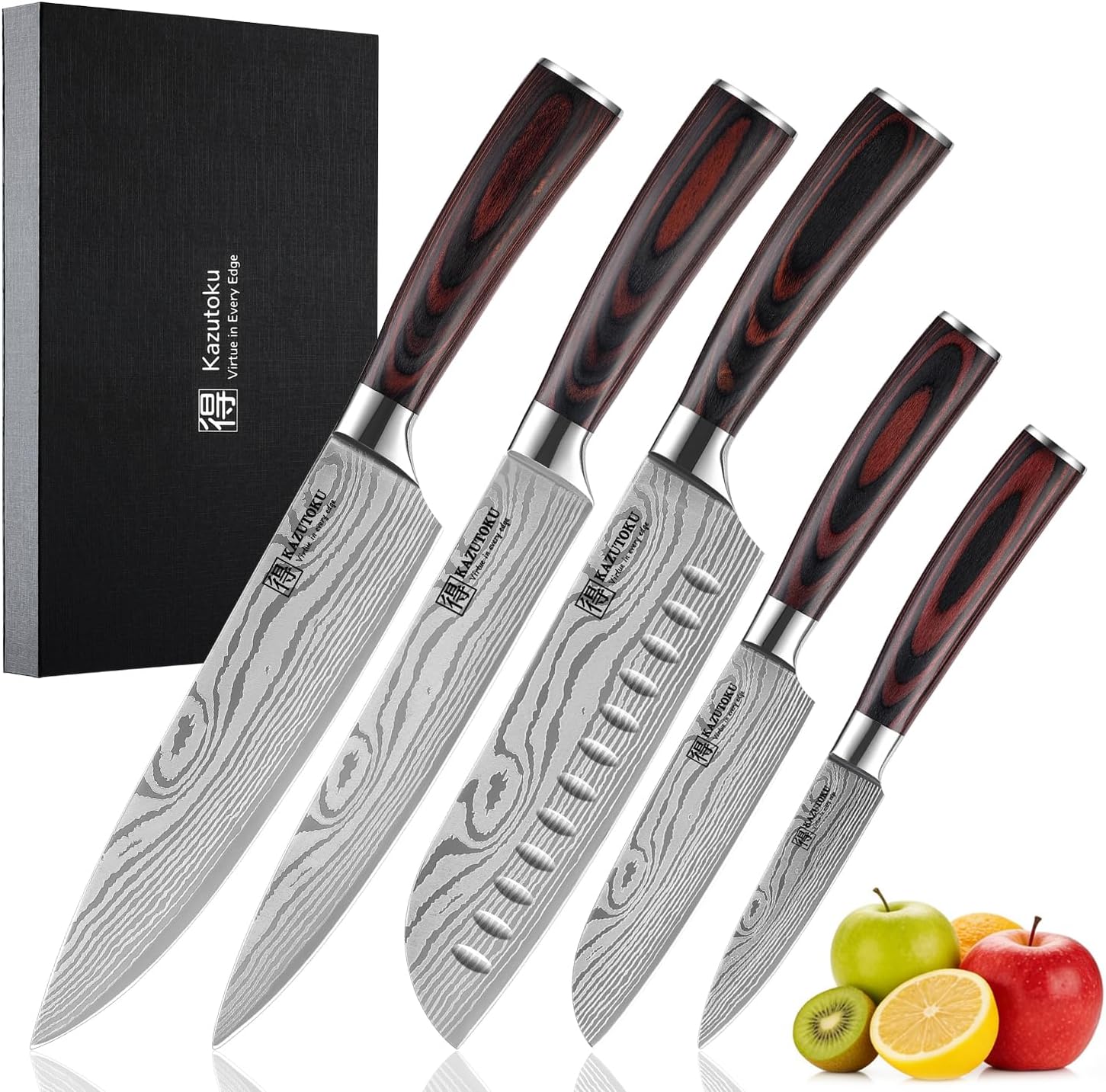 Kitchen Knife Set, 5 Piece Professional Chef Knives Set with Ergonomic Pakkawood Handle, Ultra Sharp High Carbon Stainless Steel Knives Set for Kitchen with Elegant Gift Box