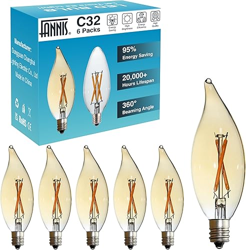 Miniatura 9 de Paquete de 12 bombillas LED C32 con punta de llama, 4 W equivalentes a 40 W, bombilla Edison de filamento blanco cálido de 2700 K, base E12,