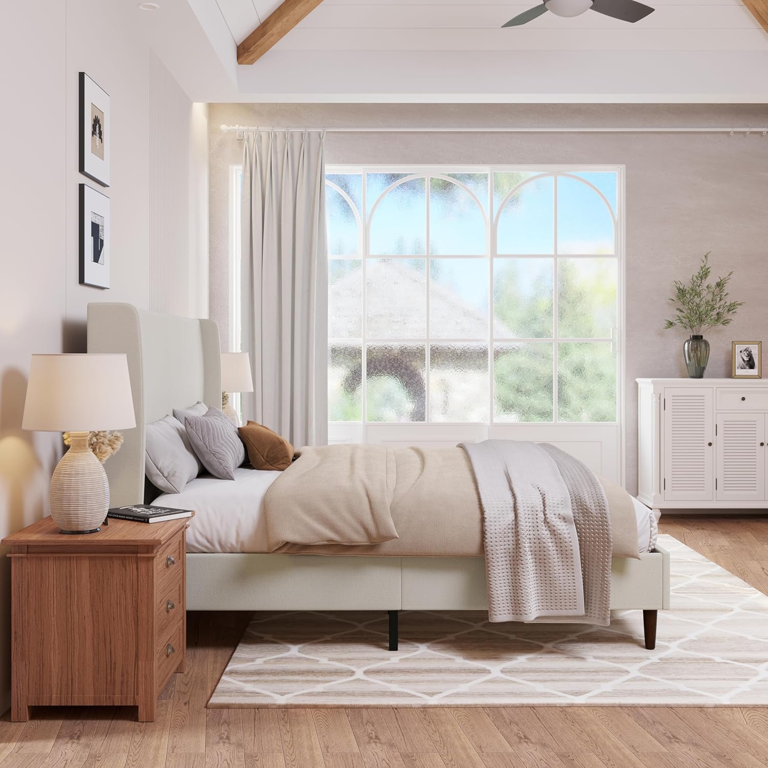 KEIKI Chenille Upholstered Queen Platform Bed Frame with Wingback High Headboard and Solid Wooden Legs, No Box Spring Needed, Beige, King