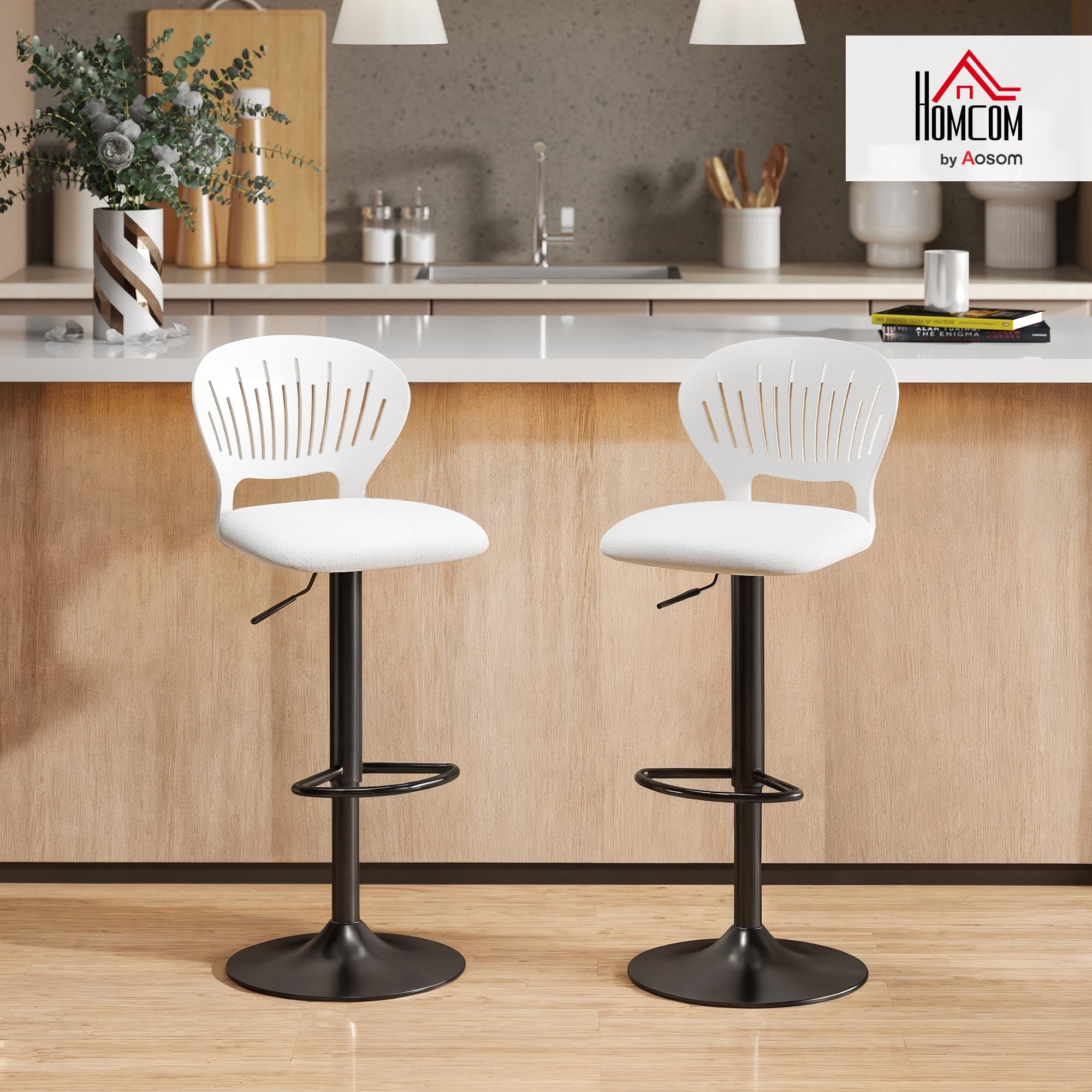 HOMCOM Juego de 2 Taburetes Altos de Cocina Giratorios en 360°, Taburetes de Bar Regulables en Altura de 84-105 cm, Respaldo Hueco, Reposapiés, para Comedor, Mostrador, Blanco