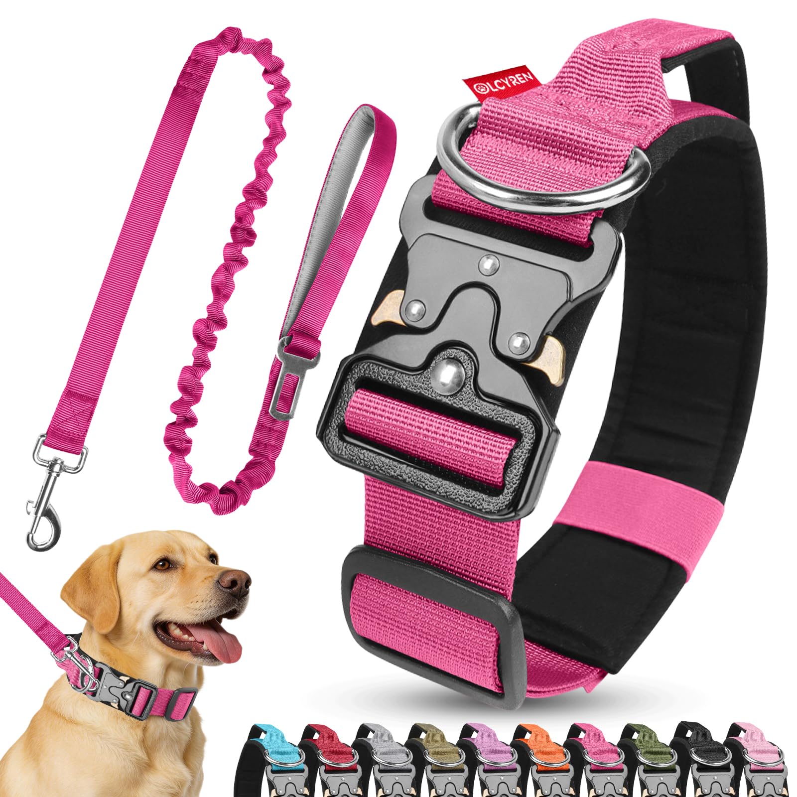 Olcyren Dog Collar and Lead Set, Tactical Dog Collar, Nylon Adjustable Strong Dog Collar with Handle, Soft Padded Pet Collars with Heavy Duty Metal Buckle for Medium Large Dogs (Rose Red, XL)