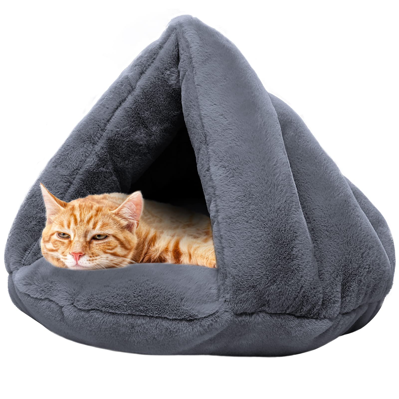 Cozy Plush Cat Cave Tent Bed Self Warming Pet Bed Washable Portable Sleeping Bag for Indoors Cats and Puppy (Grey)