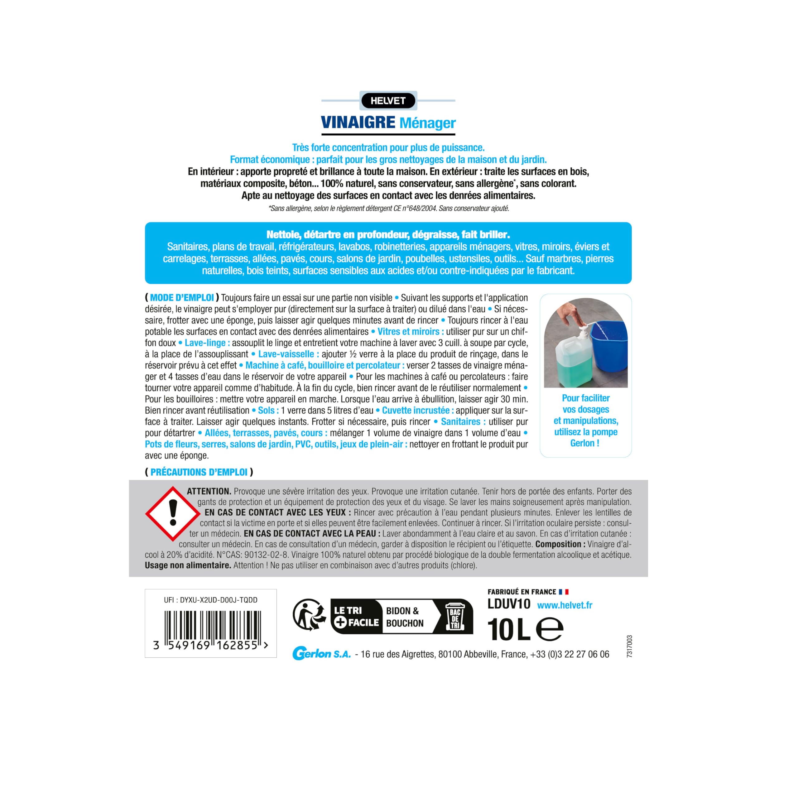 HELVET VINAIGRE BLANC MENAGER 20 Degrés – SUPER CONCENTRE – Gros Format 10L pour le Nettoyage de la Maison et des Extérieurs – Produit 100% Naturel