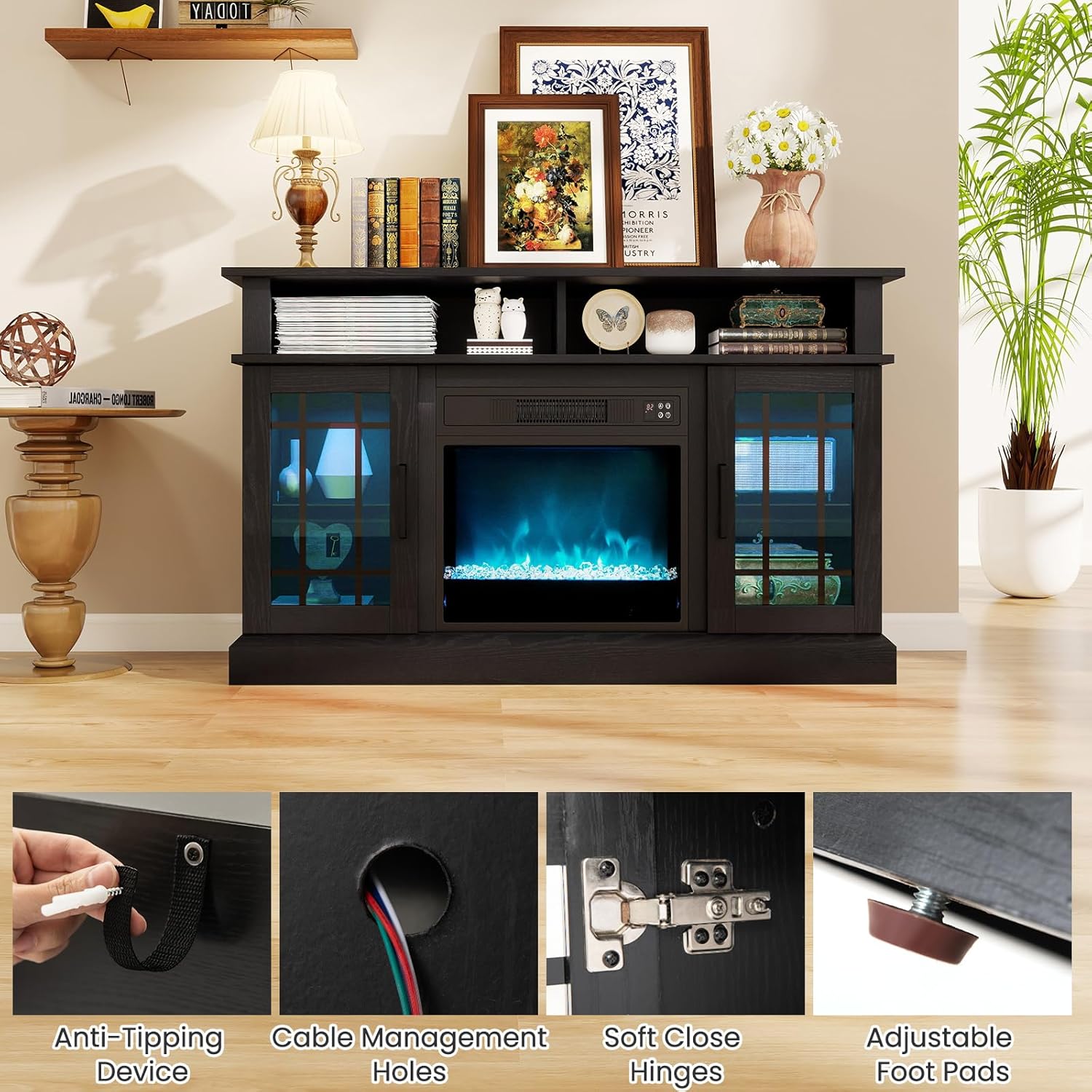 Close-up images showing the anti-tipping device, cable management holes, soft-close hinges, and adjustable foot pads of the TV stand.