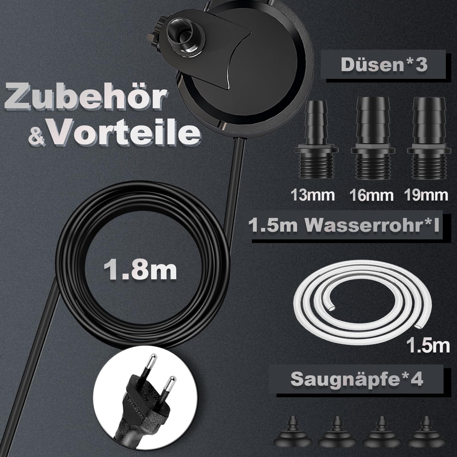 Aquarium Pumpe 25W 1500L/H Tauchpumpe Ultra-Leise Mini Teichpumpe Springbrunnenpumpe mit Einstellbarem Schalter und 1.5m Kabel, 2 Düsen wasserpumpe für Teich, Aquarien, Hydrokultur, Brunnen