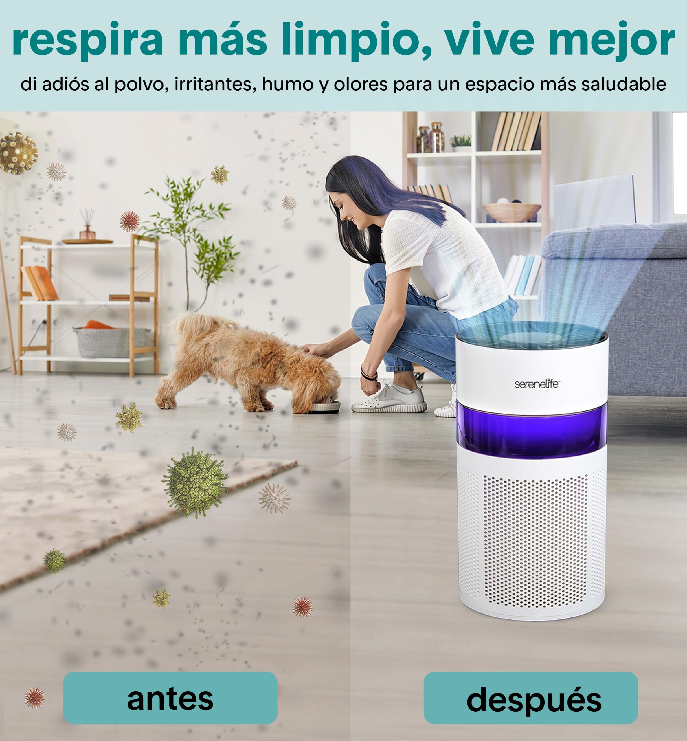 SereneLife Purificador de Aire Portátil Silencioso con Filtro HEPA H13 para Alergias y Pelo de Mascotas, Mini con Aromaterapia, Luz Ambiental, Temporizador, Modo Sueño, para Dormitorio y Escritorio