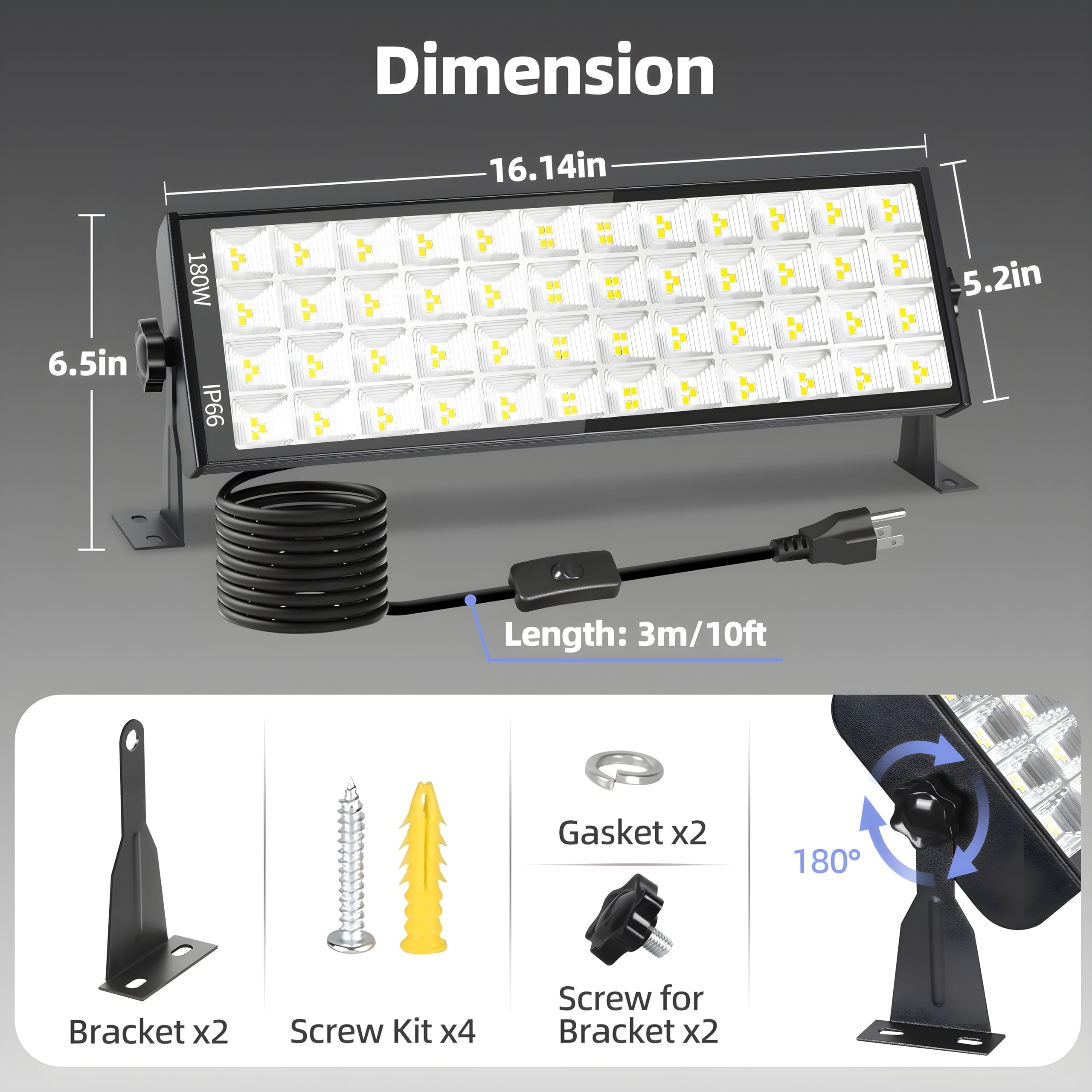 180W LED Shop Lights with 10FT Cord Swtich Aluminum 20000LM Ultra-Bright Garage Light 5000K Daylight IP66 Waterproof Bay — view 7