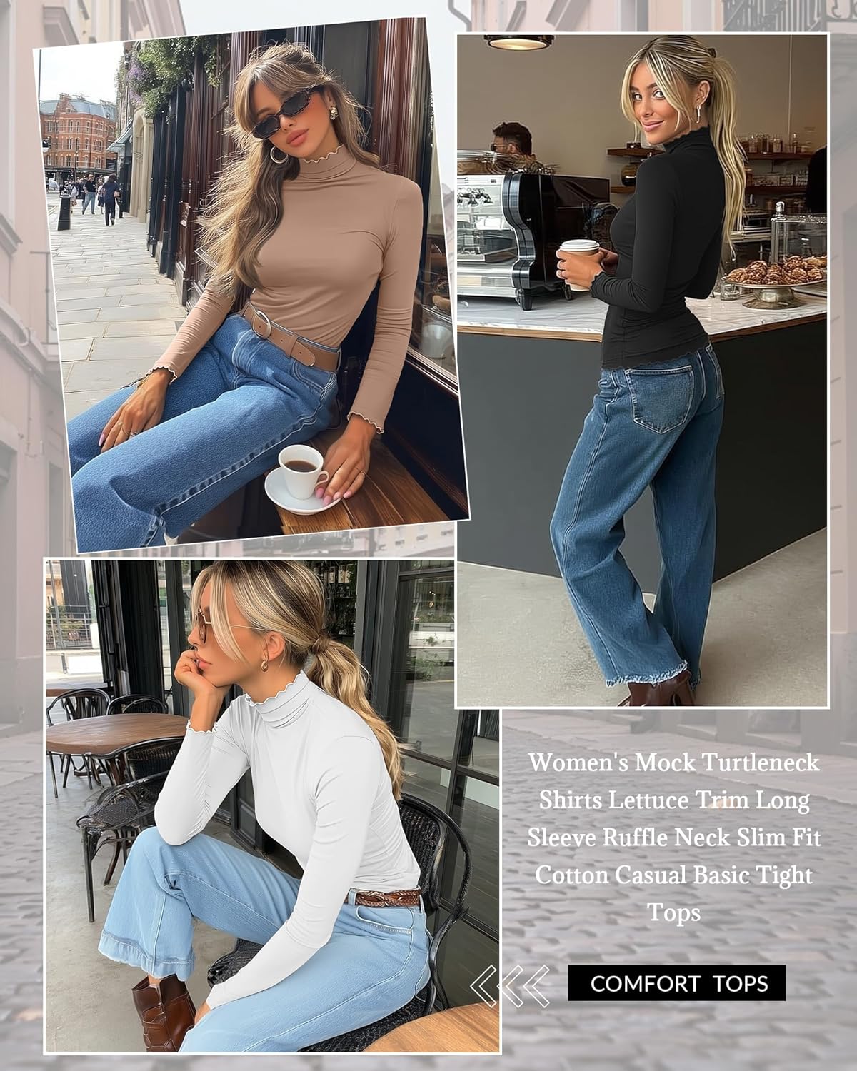 3 Pack Women's Mock Turtleneck Tops Long Sleeve Lettuce Trim Shirts Ruffle Neck Slim Fit Casual Tight Layer(White, Black, Khaki,XX-Large) - Image 4