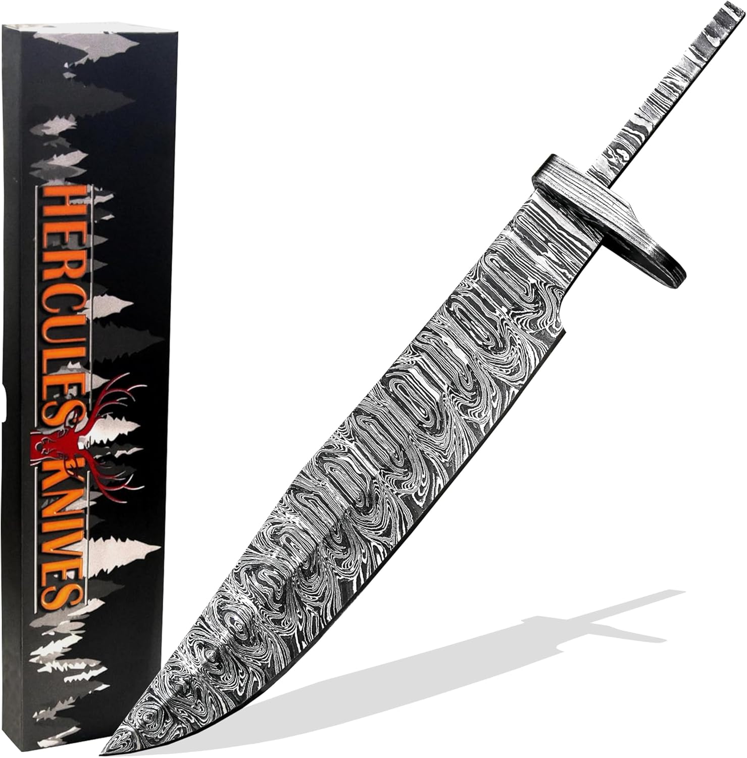 Custom Hand Forged Damascus Steel Blank Blade Hunting Knife DIY Damascus Blade Billet Camping, Bushcraft, Hiking Knives Handmade Steel Bolster Knife Making Supply (BB-11)
