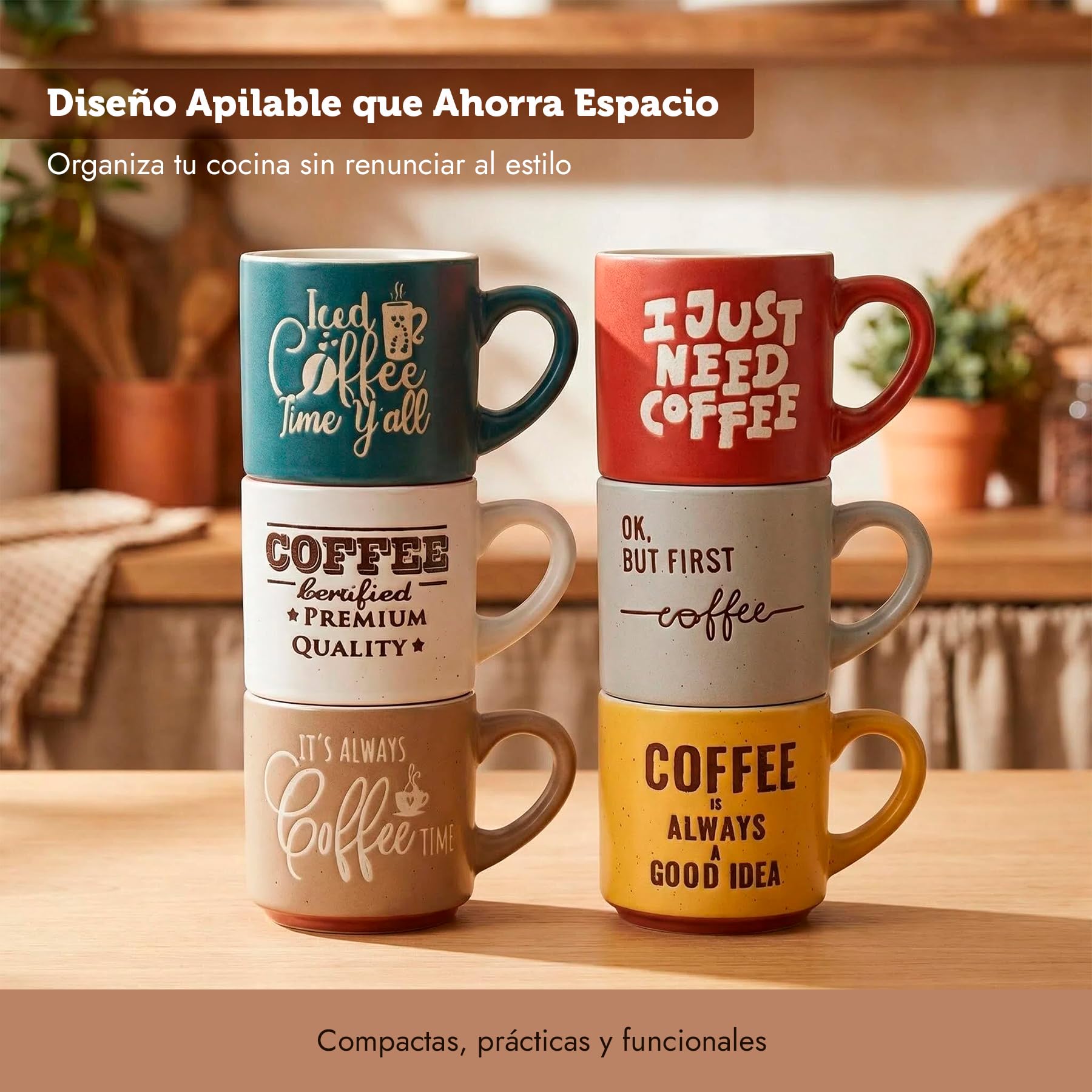 Set de 6 Tazas de Café de Cerámica con Frases Divertidas – Tazas Apilables para Espresso, Café con Leche o Americano – Aptas para Microondas y Lavavajillas – Caja Regalo con 6 x (Lungo / Con Leche) — view 6