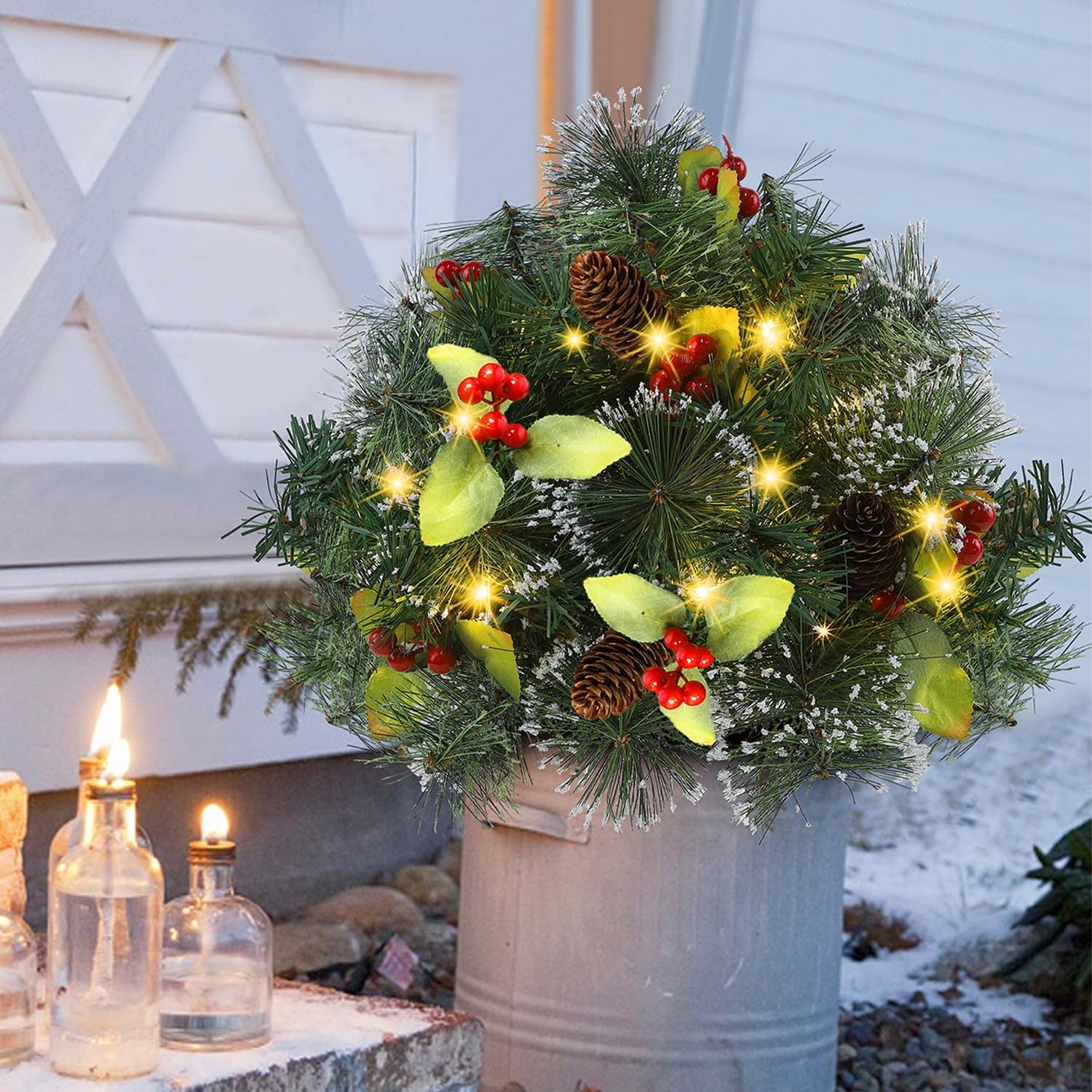 Glintoper Prelit Christmas Urn Filler, Lighted Artificial Mini Xmas