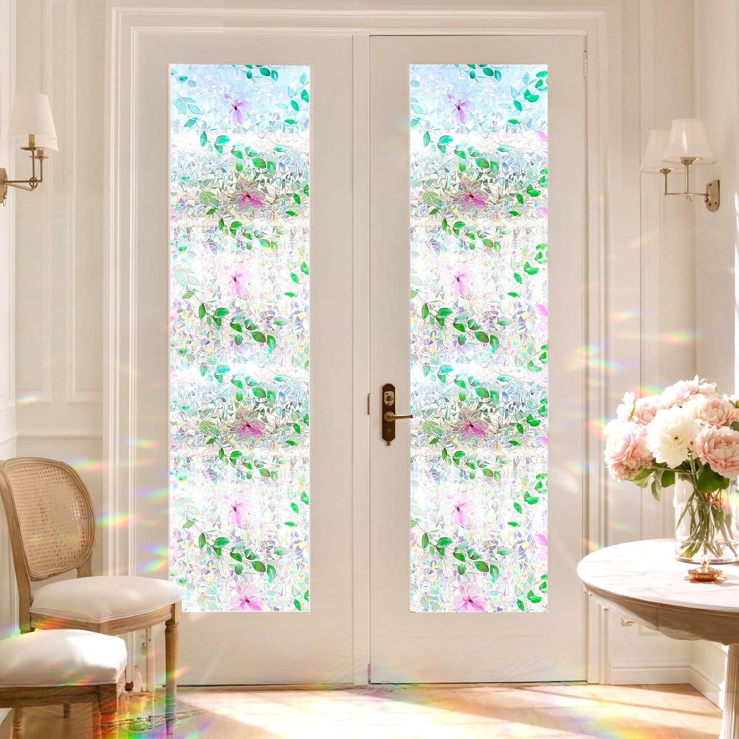 Coavas Window Privacy Film, Stained Glass Window Film Decorative, Rainbow Static Cling Windows Coverings Film, Floral Non-Adhesive Sun Blocking Decals for Home Bathroom Door, Pink, 29.5" x 78.7" 29.5 x 78.7 Inch Pink