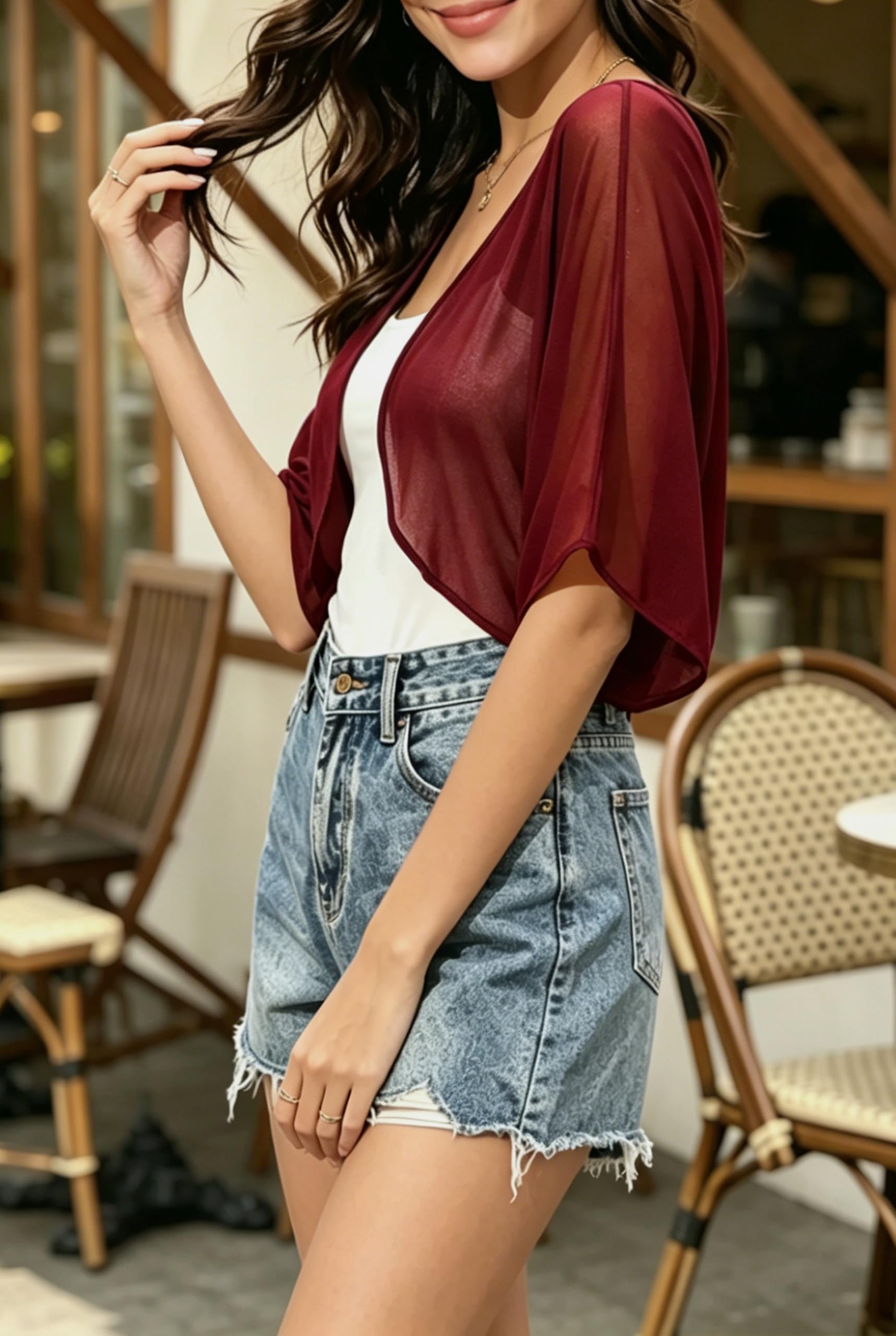 Damen Chiffon Bolero Festlich Elegant Shrug Top Kurze Strickjacke Casual Kurzarm Bolerojacke Leicht Cardigan Open Front Bolerojacke Schulterjacke Tops